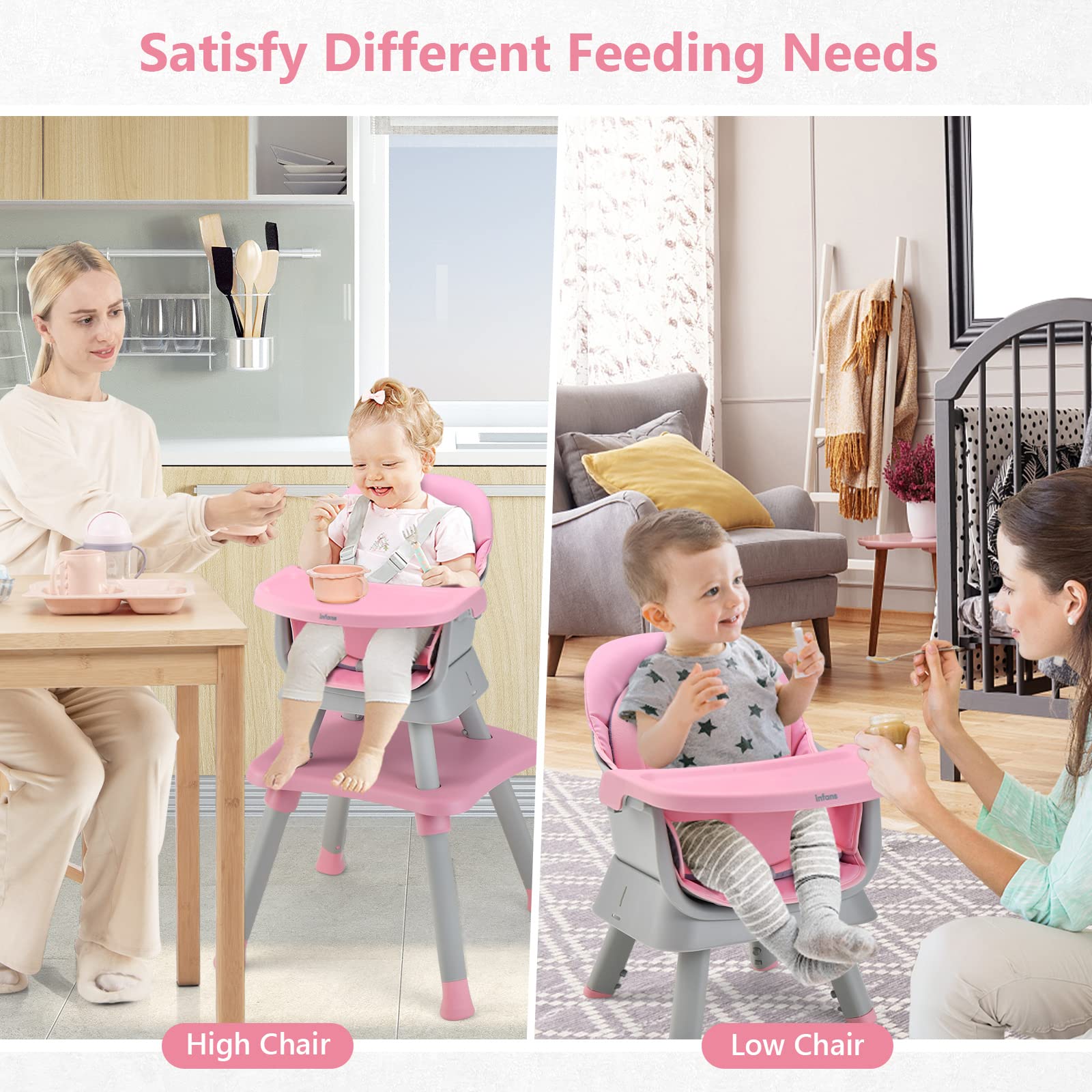 INFANS 8-in-1 Convertible Baby High Chair - Adjustable Toddler Booster Seat with Removable Tray, Building Block Table & Kids Stool - Perfect for Dining, Playtime & Learning Activities at Home