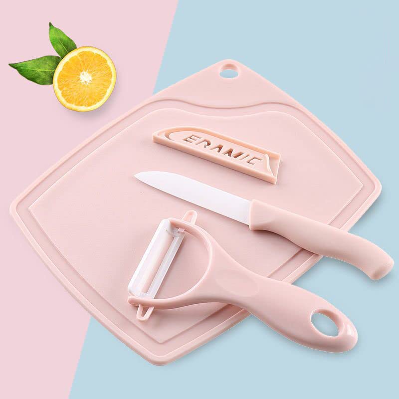 Premium Ceramic Fruit Knife Set - 3-Piece Kitchen Peeling Knives with Bamboo Cutting Board | Sharp Stainless Steel Blade, Ergonomic Handle | Perfect for Slicing Apples, Peeling Potatoes & Food Prep (Pink)