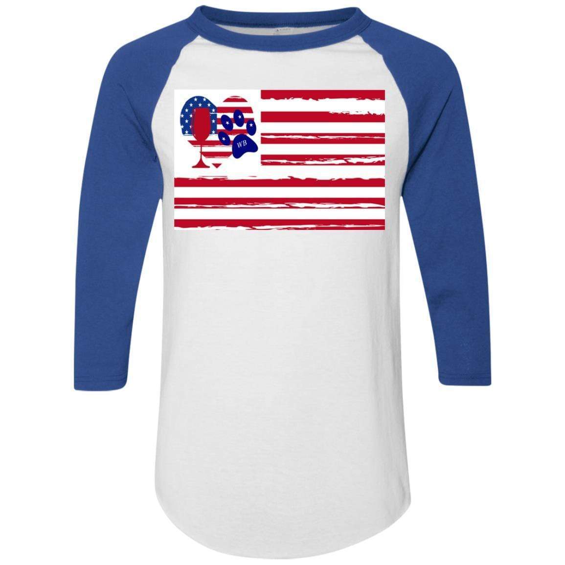 American Flag Wine Paw Heart Colorblock Raglan Jersey - Patriotic Comfort Wear for Casual Outings & Wine Tasting Events