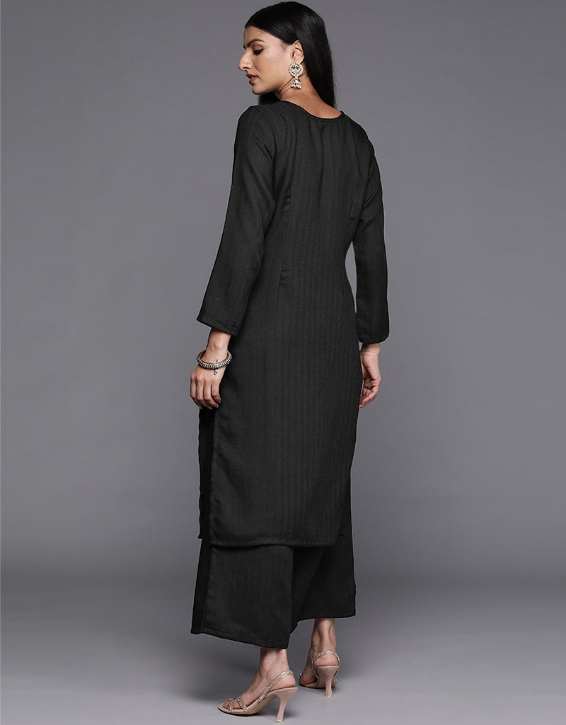 Black Faux Pashmina Straight Palazzo Pants - Women's Elegant Wide Leg Trousers for Office, Party & Casual Wear | Plus Size Available