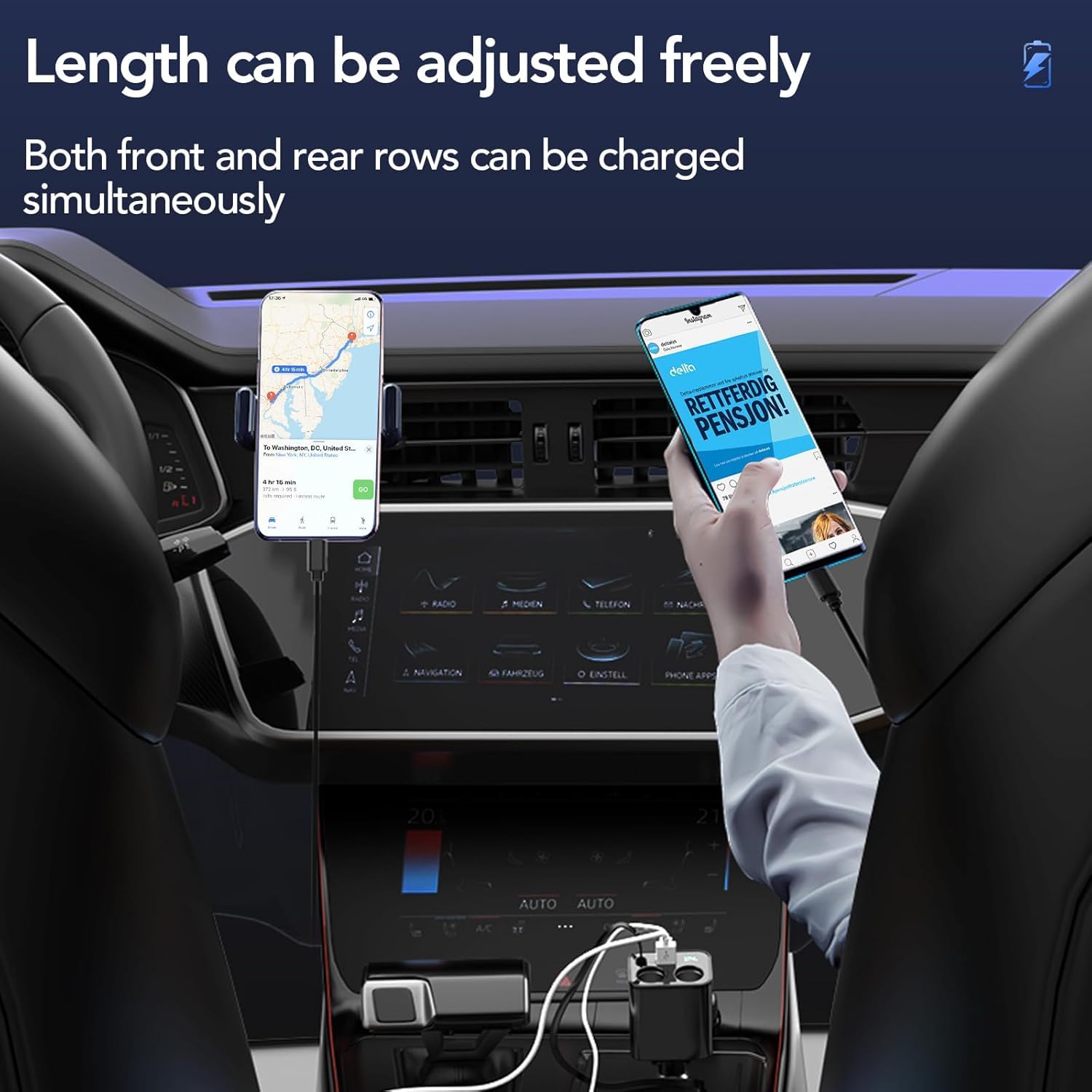 4-in-1 Fast Car Phone Charger with 159W Power & Retractable Cables - Compatible with iPhone 14 Pro Max/14 Pro/14 Plus/13 Pro Max & AirPods (1/2/3/4) - Includes 2-Port Cigarette Lighter Splitter - Perfect for Road Trips, Commuting & Long Drives