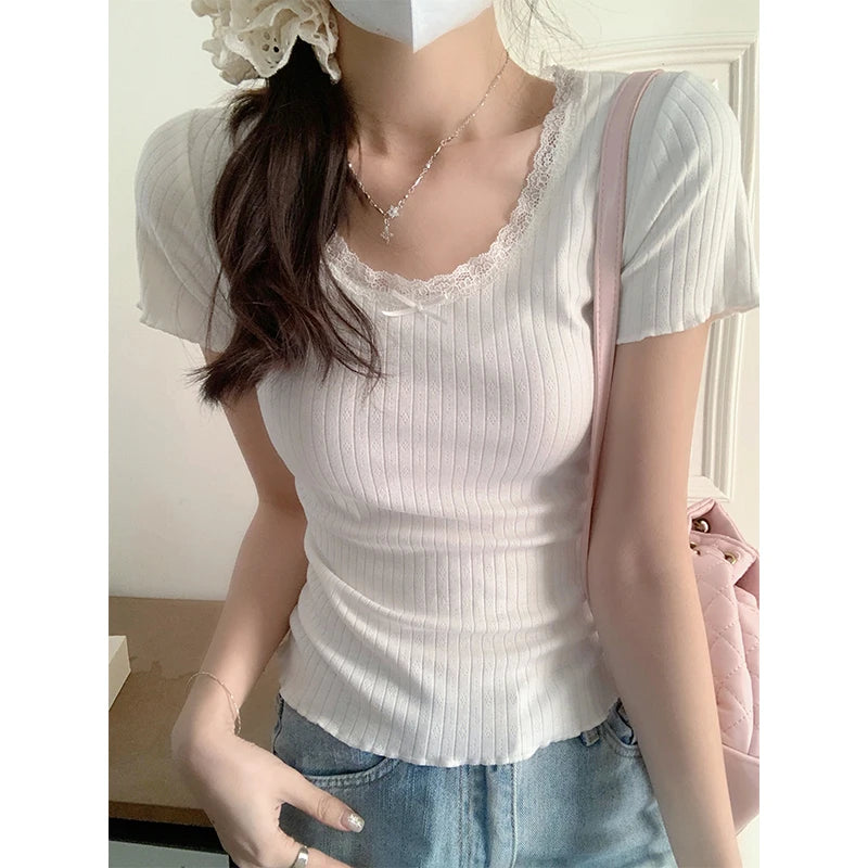 Sexy Apricot Lace Bow Slim Fit Women's T-Shirt - Fashion Basic Top for Office & Casual Wear - Stretchy Summer Tee for Ladies - Perfect for Work, Dates & Everyday Outfits