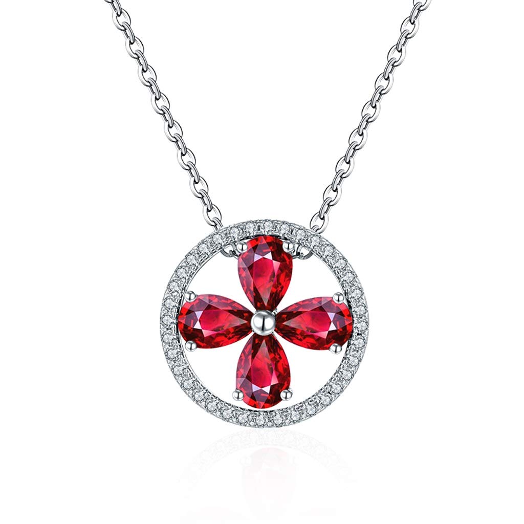 Zxb-shop Lucky Clover Pendant Necklace - S925 Sterling Silver with Garnet Stone, 18 Inch Chain for Women & Girls | Elegant Jewelry Gift for Birthday, Anniversary & Everyday Wear