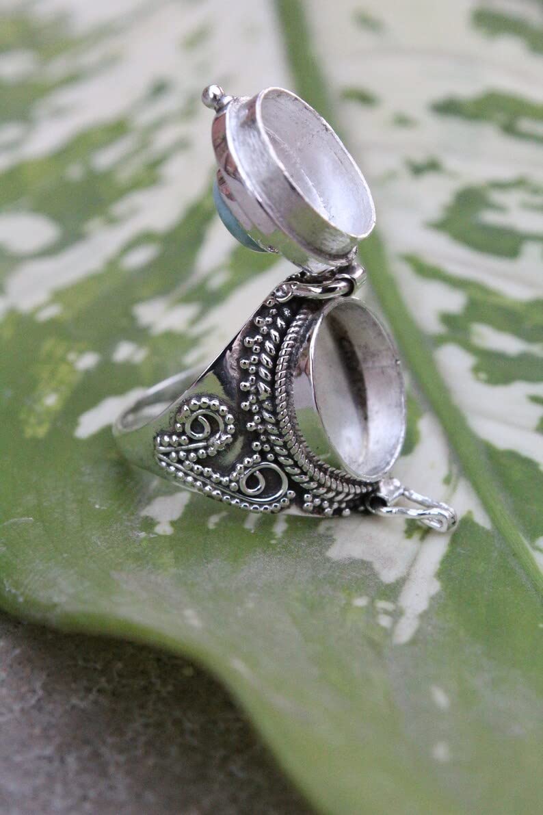 Boho Poison Ring - 925 Sterling Silver Handmade Statement Ring with Dominican Republic Larimar | Vintage Style Pillbox Locket Ring for Women | Perfect for Gothic Fashion, Witchy Aesthetics & Unique Gift Giving