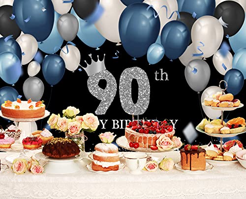 Ticuenicoa 7x5ft Happy 90th Birthday Backdrop - Blue & Silver Glitter Photography Background for 90th Birthday Party Decorations, Photo Booth Props & Milestone Celebrations - Perfect for Birthday Photos, Anniversaries, and Special Event Decor