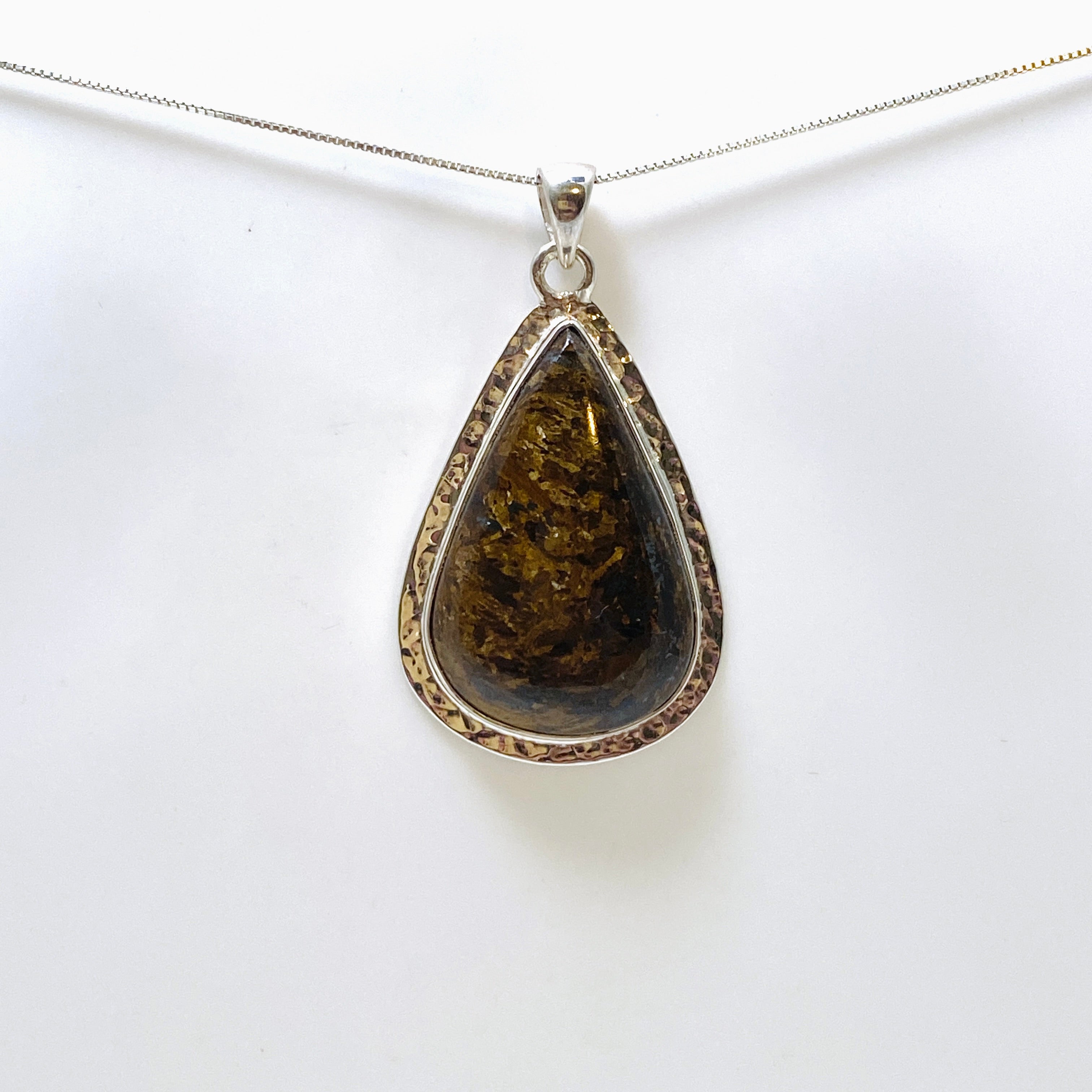 Natural Bronzite Teardrop Cabochon Pendant in Hammered Sterling Silver Setting KPGJ4842 | Healing Crystal Jewelry for Meditation & Energy Balancing