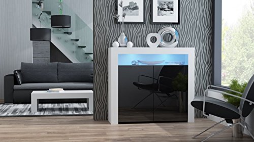 Modern Milano 2D Rectangular Sideboard with 2 Doors & LED Lighting - Engineered Wood Storage Cabinet for Living Room, Dining Room & Entryway - White/Black Contemporary Furniture for Home Decor