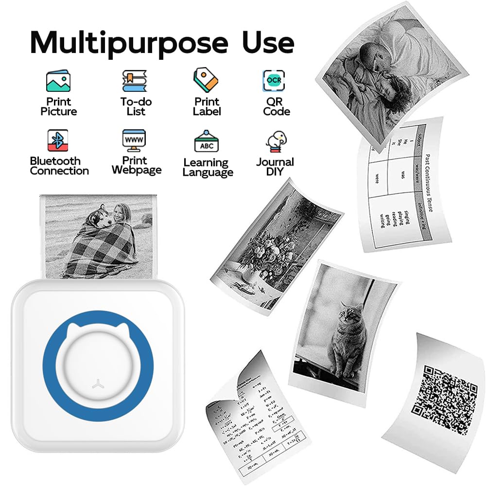 Mini Bluetooth Sticker Printer - Portable Thermal Photo Printer for iPhone, Smart Note Buddy with 10 Rolls Paper - Perfect for Journaling, Memos, Scrapbooking & DIY Crafts