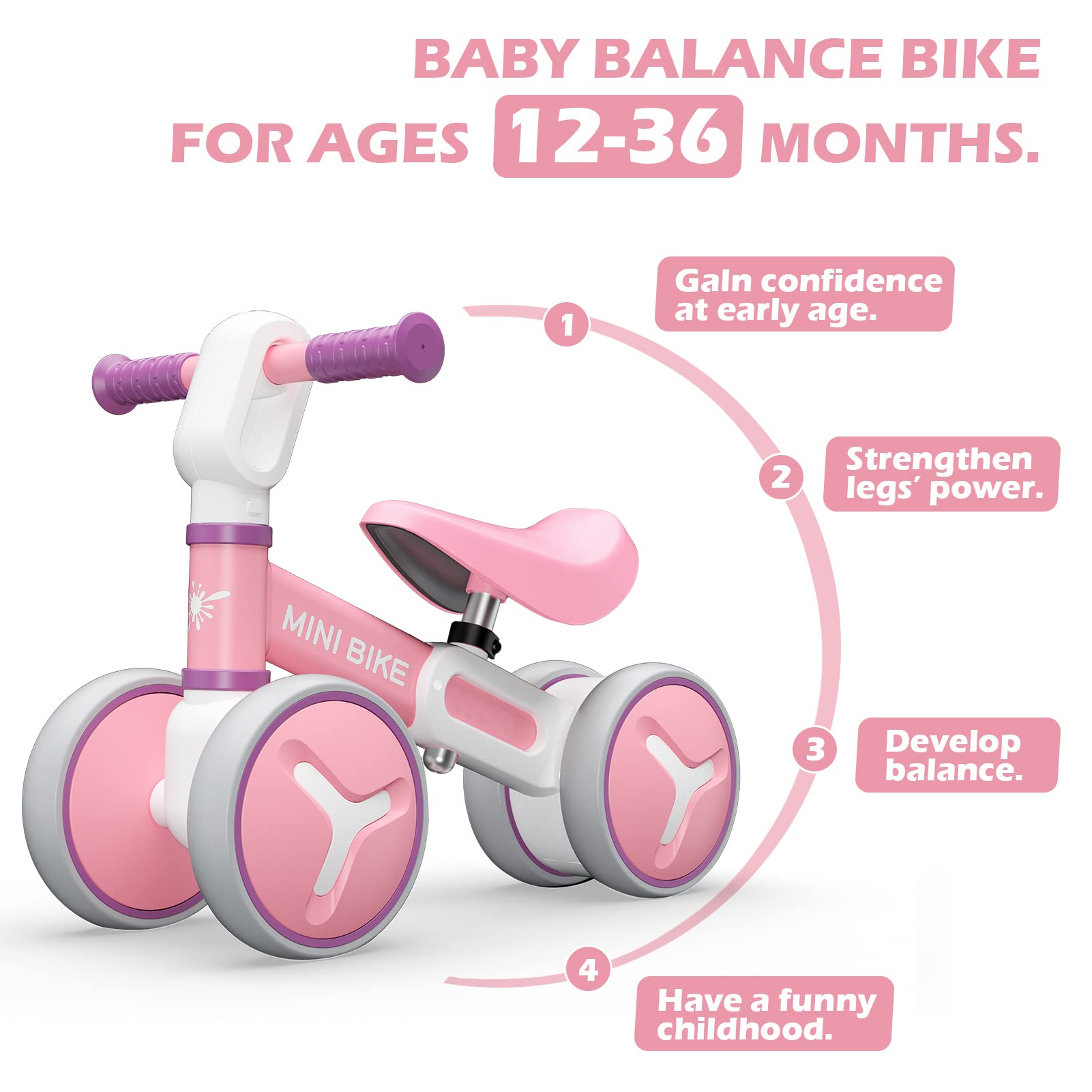 Best Baby Balance Bike for 1-3 Year Olds | Adjustable Seat No-Pedal Toddler Bike with 4 Wheels | Perfect First Bike Gift for Boys & Girls | Ideal for Indoor Play, Outdoor Learning & Birthday/Christmas Presents