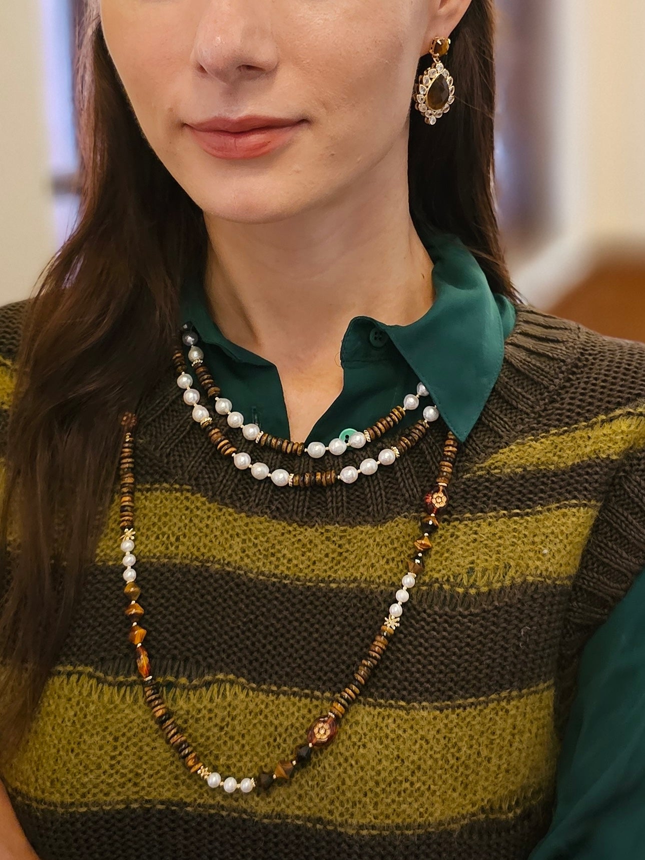 Elegant Freshwater Pearls & Tiger Eye Double Layer Necklace NN026 - Perfect for Weddings, Parties & Everyday Wear