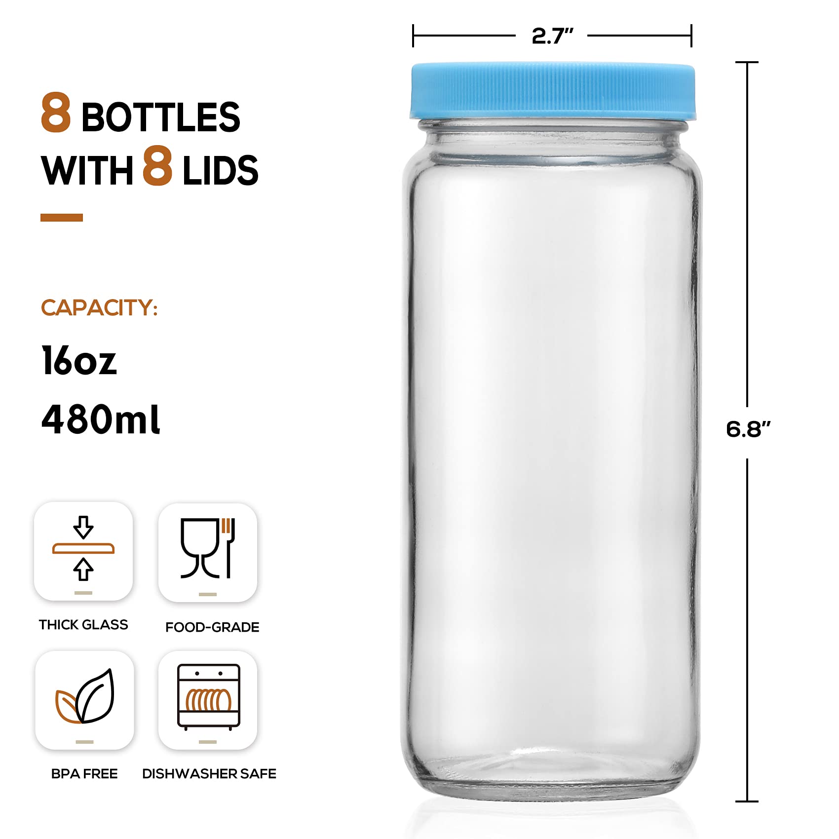 8 Pack 16oz Glass Juice Bottles with Lids & Straws - Reusable Mason Jars for Juice, Smoothie, Bubble Tea, Kombucha - Airtight Travel Drinking Cups for Home, Office, Gym & Outdoor Activities