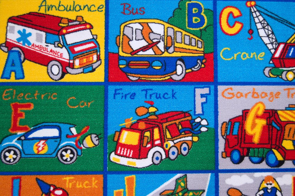 Handmade Kids Educational Play Rug - Alphabet Cars & Transportation Puzzle Mat 8x10 Feet - Colorful ABC Learning Carpet for Playrooms, Classrooms & Daycare Centers