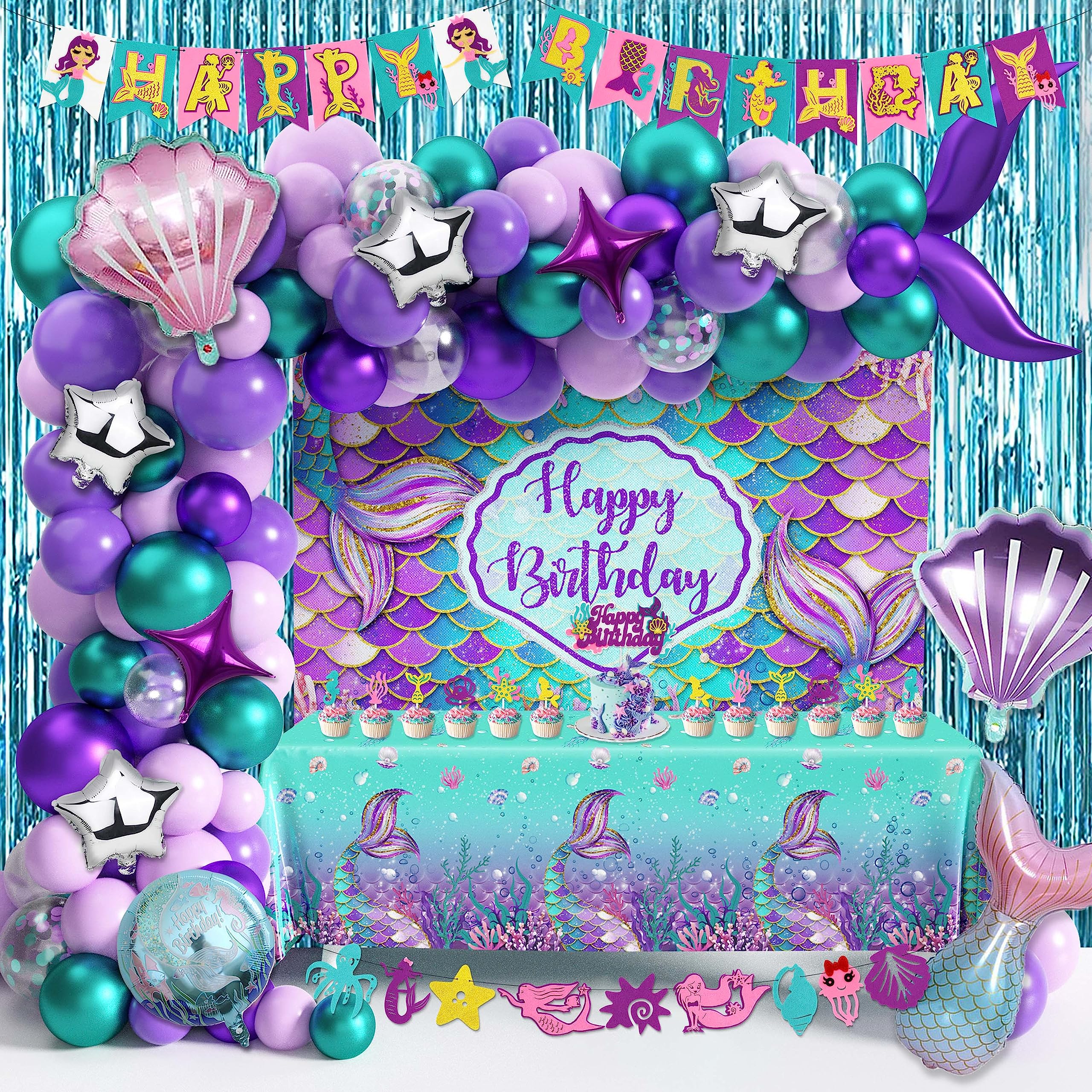 109Pcs Mermaid Birthday Party Decorations Kit for Girls - Includes Tablecloth, Backdrop, Banners, Cake Toppers, Foil & Latex Balloons, Fringe Curtains - Perfect for Mermaid Themed Parties, Baby Showers & Under the Sea Events