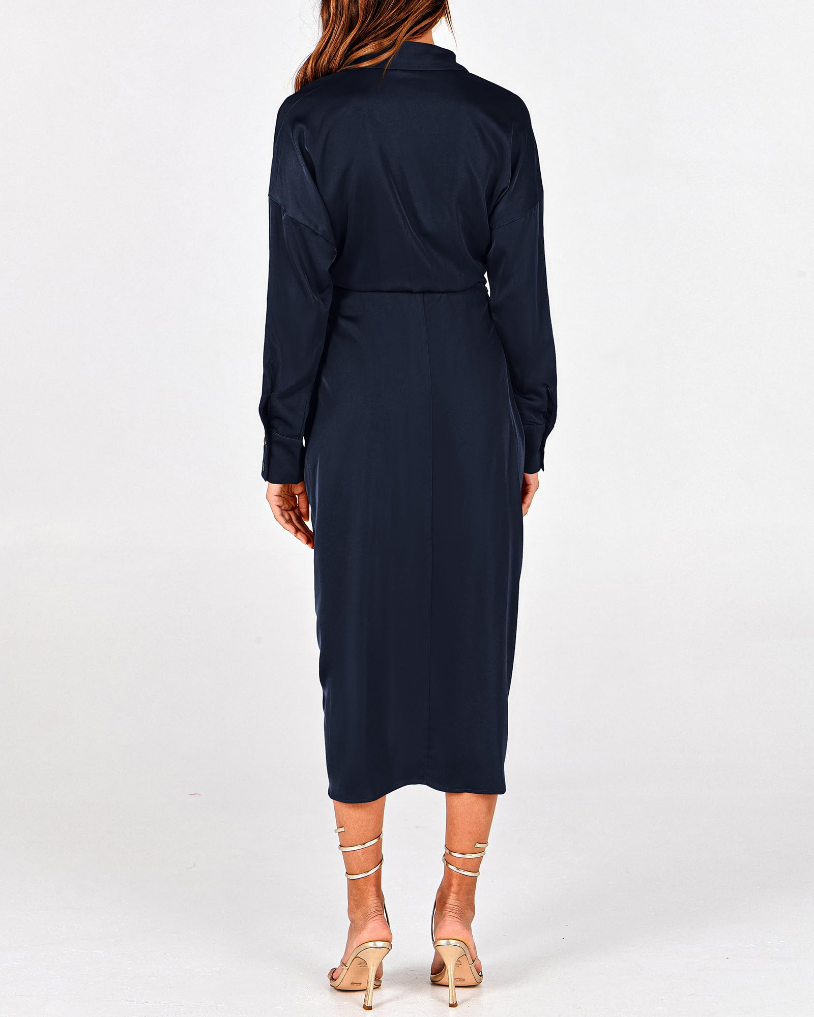 BTFBM Women's Elegant Long Sleeve Satin Dress - V Neck Button Down Lapel Maxi Shirt Dress with Belt & Ruched Detail for Spring Summer 2025 | Perfect for Weddings, Parties & Office Wear