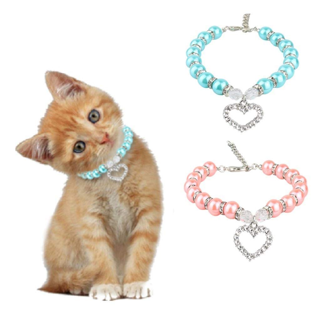 Luxury Crystal Heart Pet Necklace for Small Dogs & Cats - Bling Pearls Rhinestones Charm Collar for Chihuahua, Yorkie, Puppy | Red, Size M (10-12