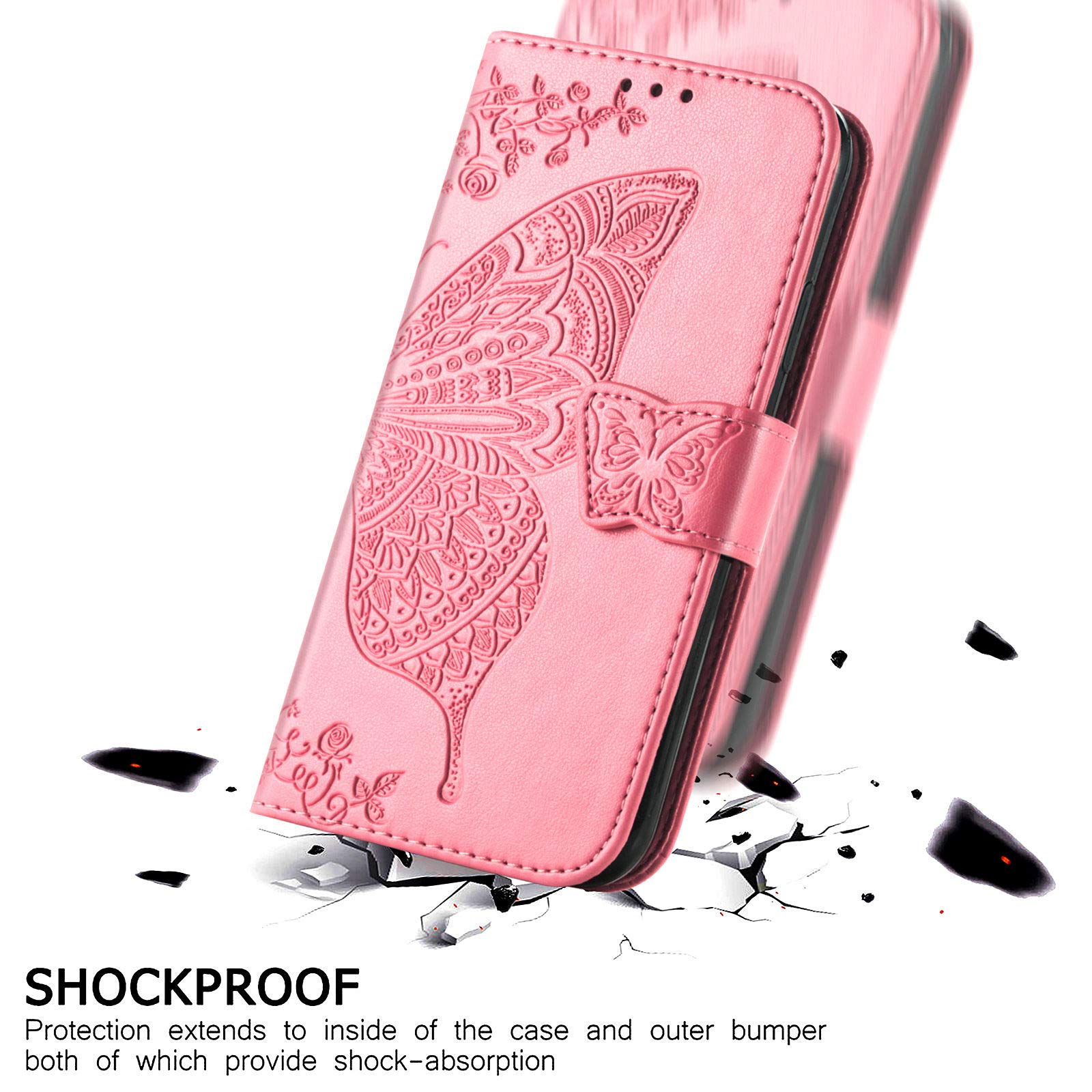 Motorola Moto G Play 2024 Wallet Case - PU Leather Flip Cover with Card Slots, Wrist Strap & Kickstand | Protective Phone Case with Butterfly Flower Embossed Design in Pink | Perfect for Everyday Use, Travel & Hands-Free Convenience