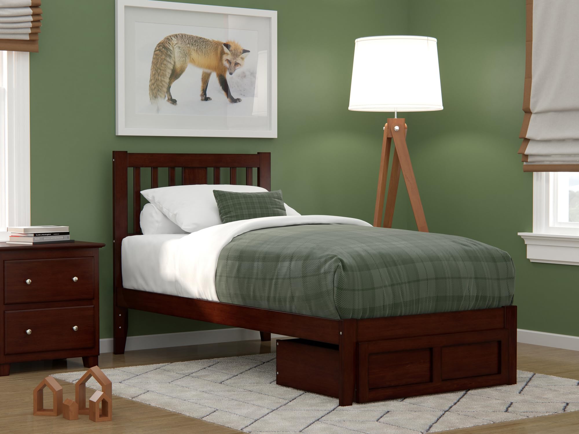 AFI Tahoe Twin Size Platform Bed Frame with Foot Drawer & USB Charging Station - Solid Walnut Wood - Space Saving Storage Solution for Small Bedrooms & Dorm Rooms