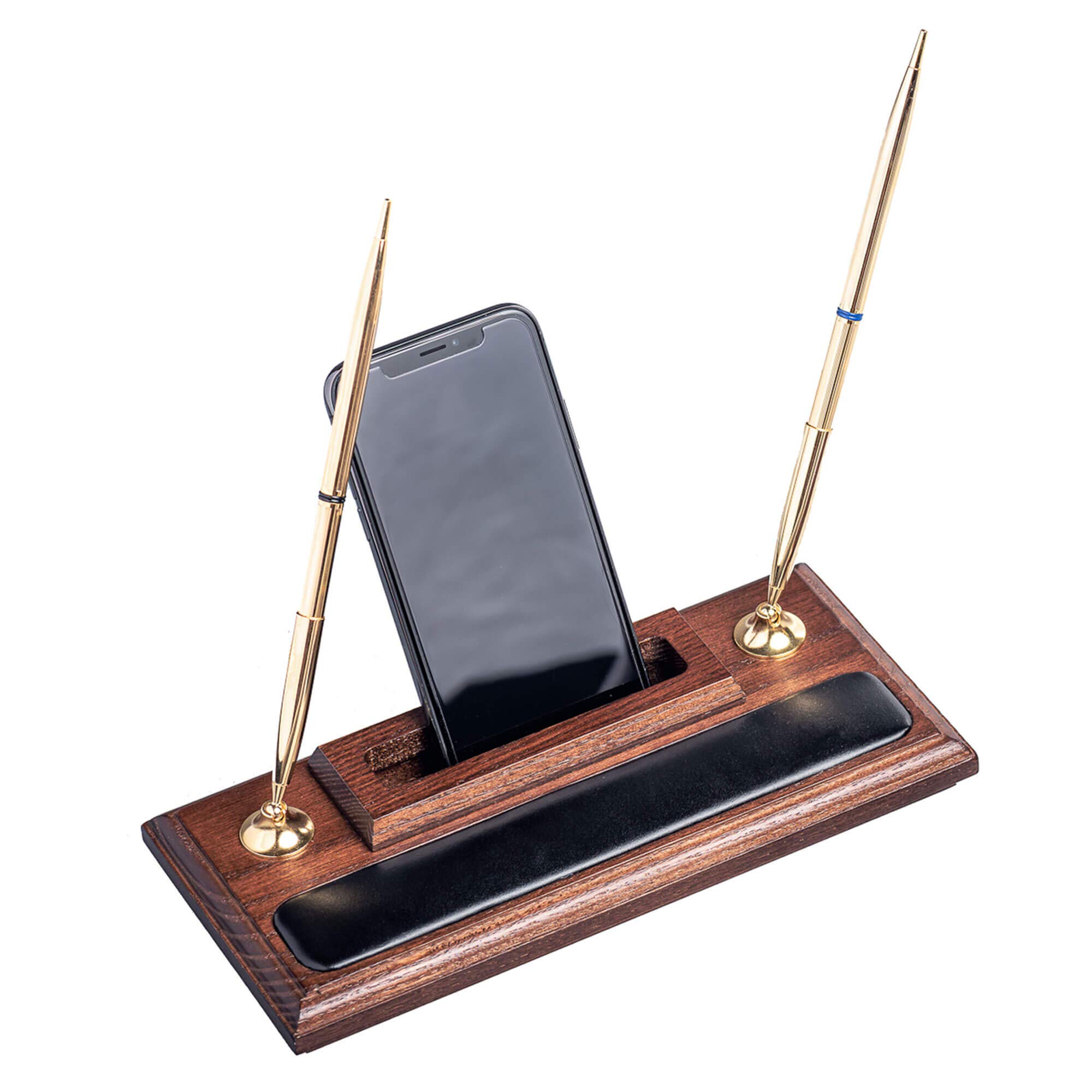 Premium Walnut & Leather Pen Holder with Phone Stand - Stylish Desk Organizer for Office, Home, or Gift