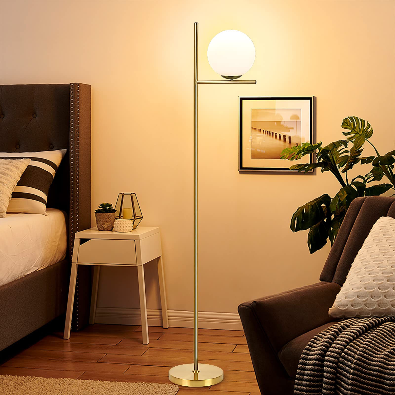 Modern Gold LED Floor Lamp with Frosted Glass Globe - 3000K Warm White Tall Standing Light with E27 Holder - Adjustable Reading Lamp for Living Room, Bedroom, Office - Creates Cozy Ambiance for Relaxing & Working (Bulb Included)