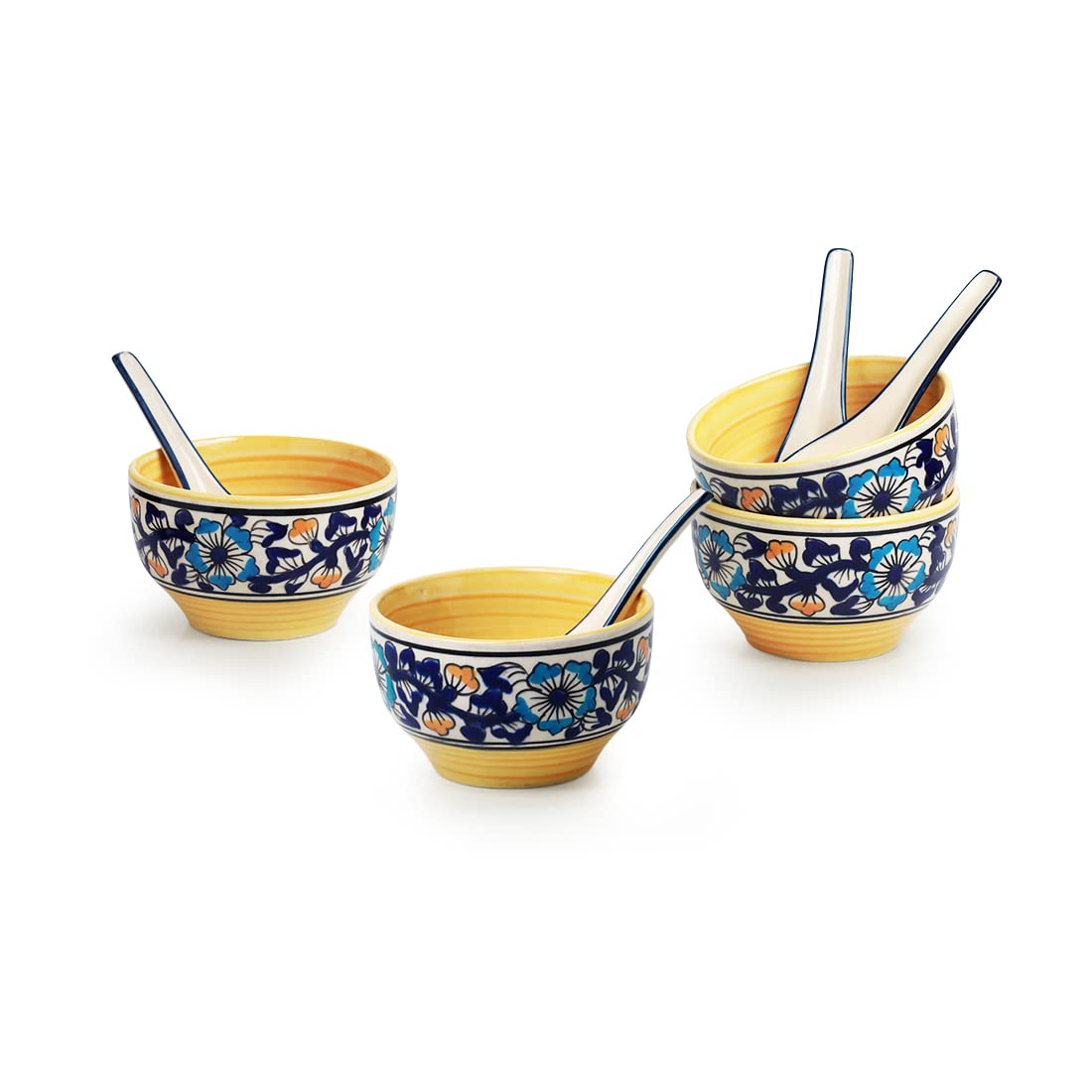 Handpainted Ceramic Soup Bowl Set with Spoon - 4 Piece 380ml Microwave & Dishwasher Safe - 'Badamwari Bagheecha' Floral Design for Soup, Cereal, Pasta - Elegant Tableware for Home Dining & Gifts