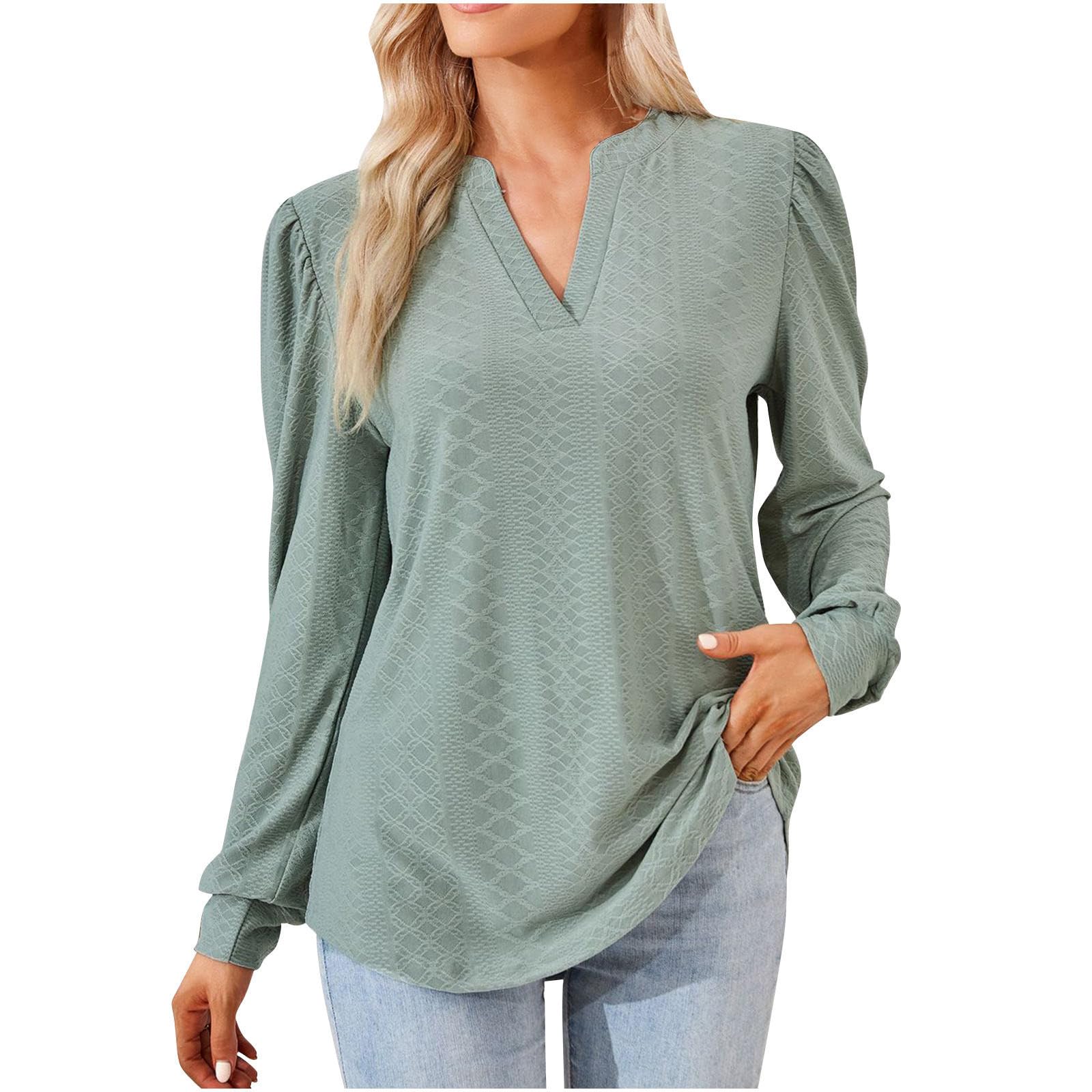Women's Eyelet Puff Long Sleeve Blouse - Jacquard Trendy Tunic Top with V-Neck for Casual & Office Wear | Perfect for Work, Dates & Spring Outfits 2024