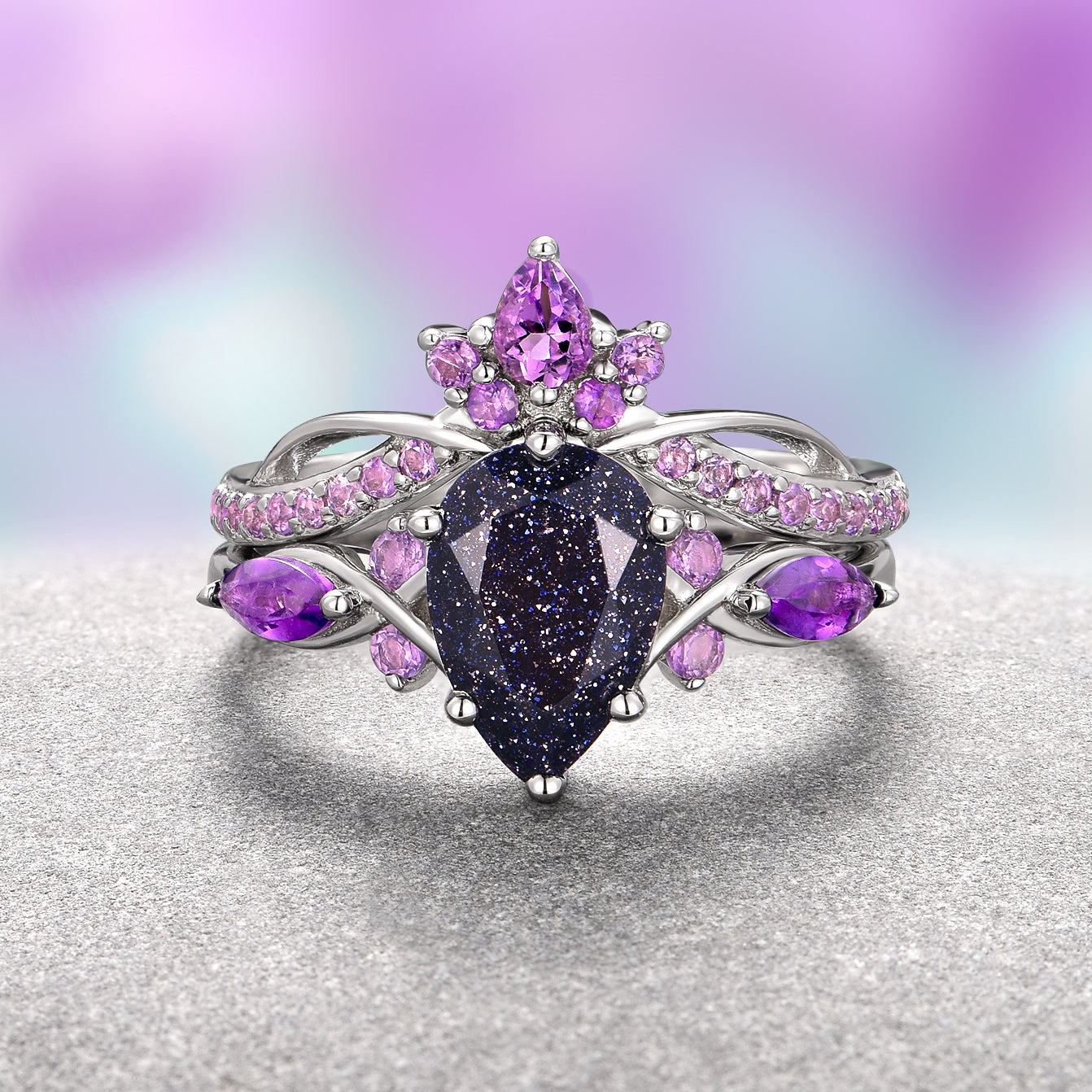 Feyre Starry Night & Amethyst Ring Set in 14K White Gold - Elegant Jewelry for Women, Perfect for Weddings, Anniversaries & Special Occasions
