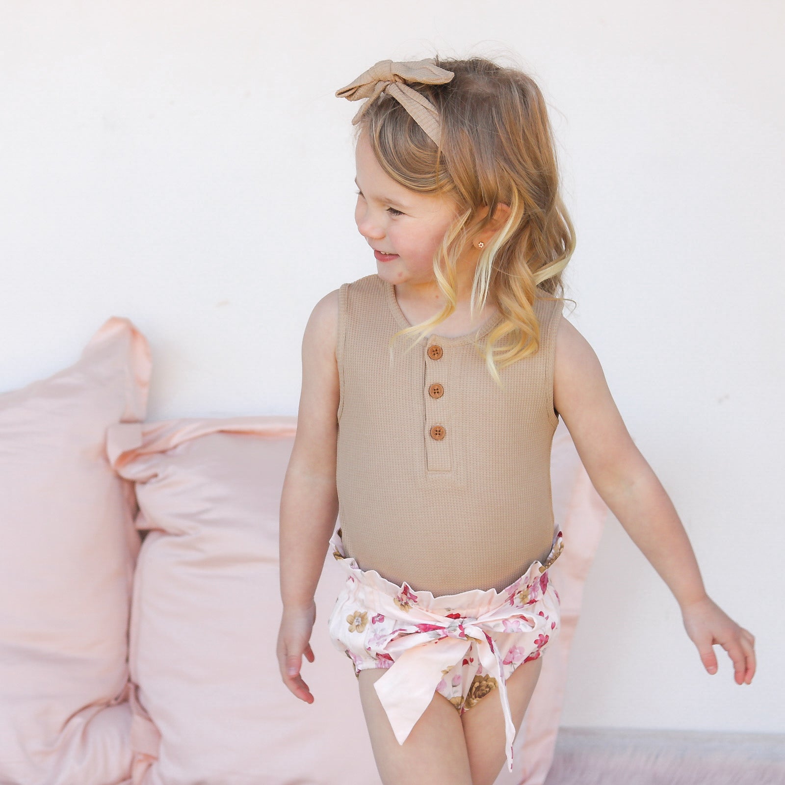 Alfie Waffle Romper for Baby Girls | Soft & Comfortable Biscuit-Colored Outfit | Perfect for Playtime, Photo Shoots & Special Occasions