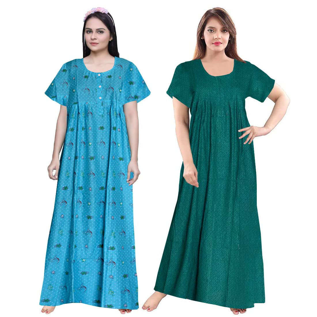 Women's 100% Cotton Indian Full-Length Nightgown - Soft Jaipuri Printed Sleepwear for Ladies (Pack of 2: Teal Blue & Green) | XL Size Night Dress for Comfortable Sleep & Lounge Wear