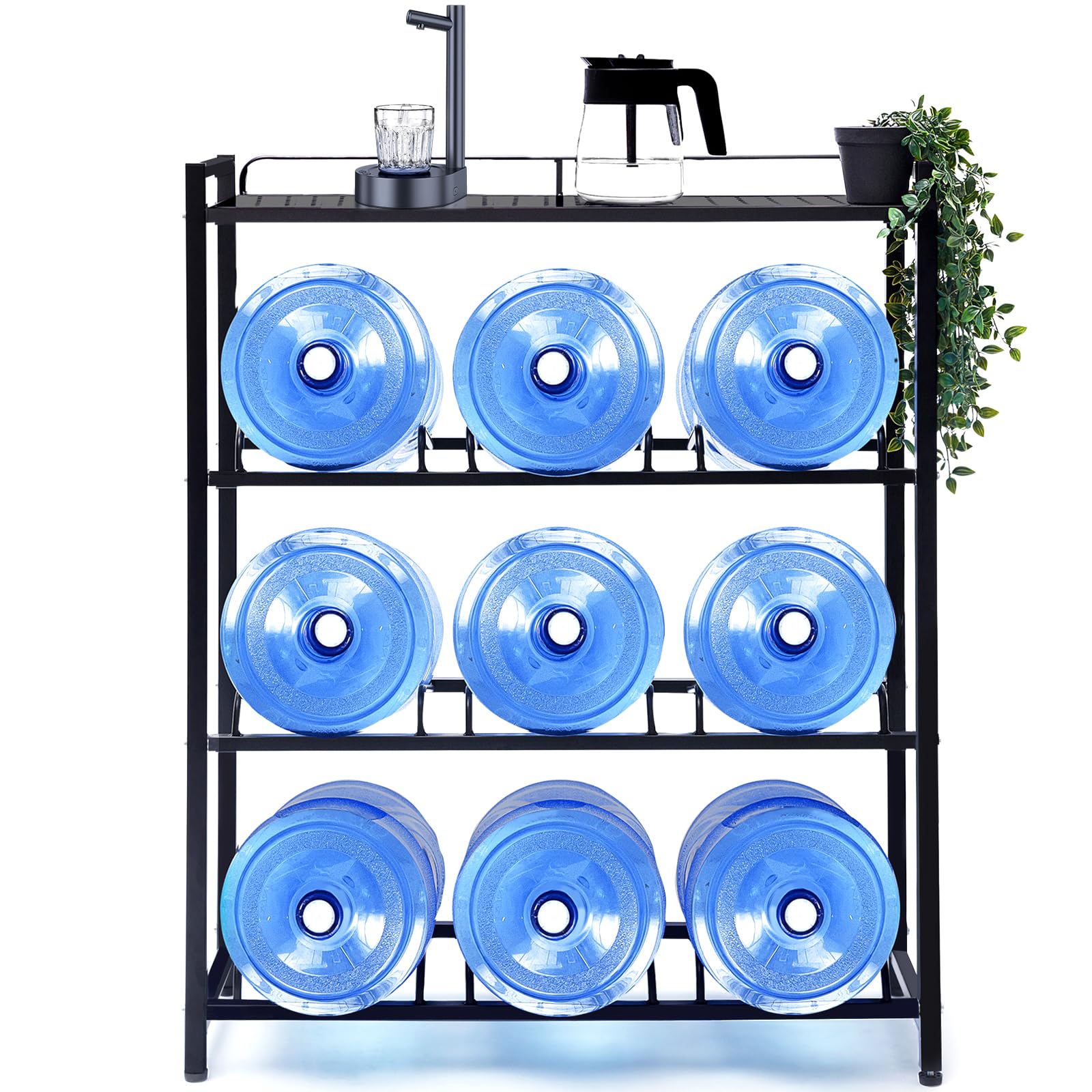 5 Gallon Water Bottle Jug Holder - 4 Tier Heavy Duty Cooler Storage Rack with Top Shelf Organizer | Space Saving Solution for Home, Office & Breakroom | Perfect for Water Dispensers, Pantry Organization & Commercial Use (Black)