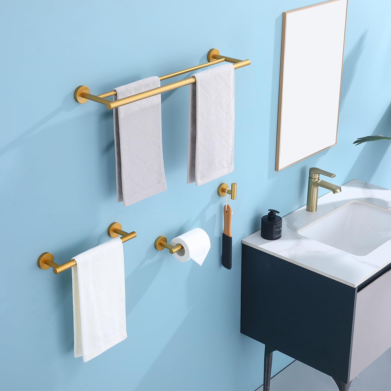 Premium 4-Piece Stainless Steel Bathroom Accessory Set in Gold - Wall Mounted Towel Bar, Hand Towel Rack, Toilet Paper Holder & Robe Hooks (BS100S4-BG) - Perfect for Modern Bathrooms, Guest Suites & Luxury Home Decor