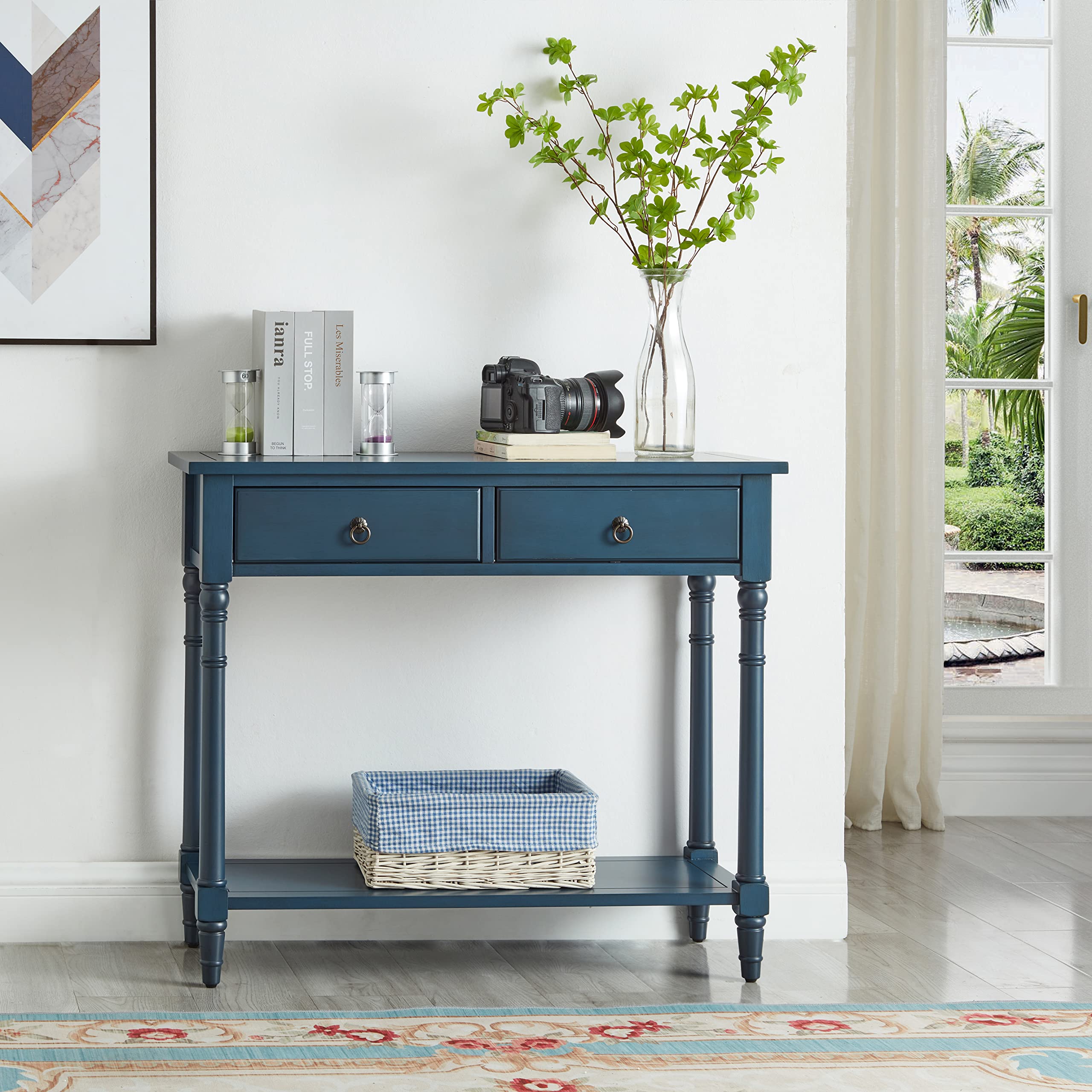 Solid Wood Sofa Table - Farmhouse Style Wooden Console Table with Storage Shelf & Drawers, Entryway Hallway Table (35.43