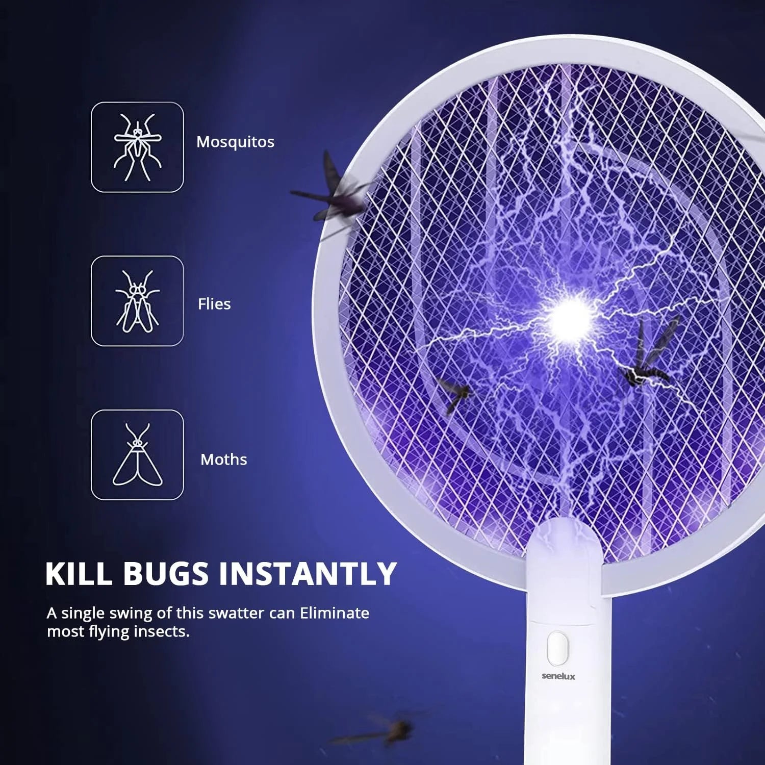 Senelux Electric Fly Swatter & Bug Zapper - USB Rechargeable 2-in-1 Mosquito Killer Racket for Indoor/Outdoor Pest Control - Perfect for Home, Camping, and Patio Use