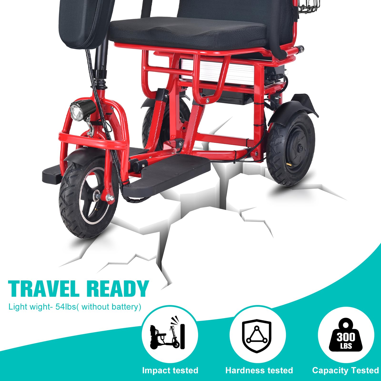 3-Wheel Folding Electric Mobility Scooter for Adults & Seniors - Lightweight Travel Scooter with Basket, 300lb Weight Capacity, 20-Mile Range (Red) - Perfect for Shopping, Travel & Outdoor Activities