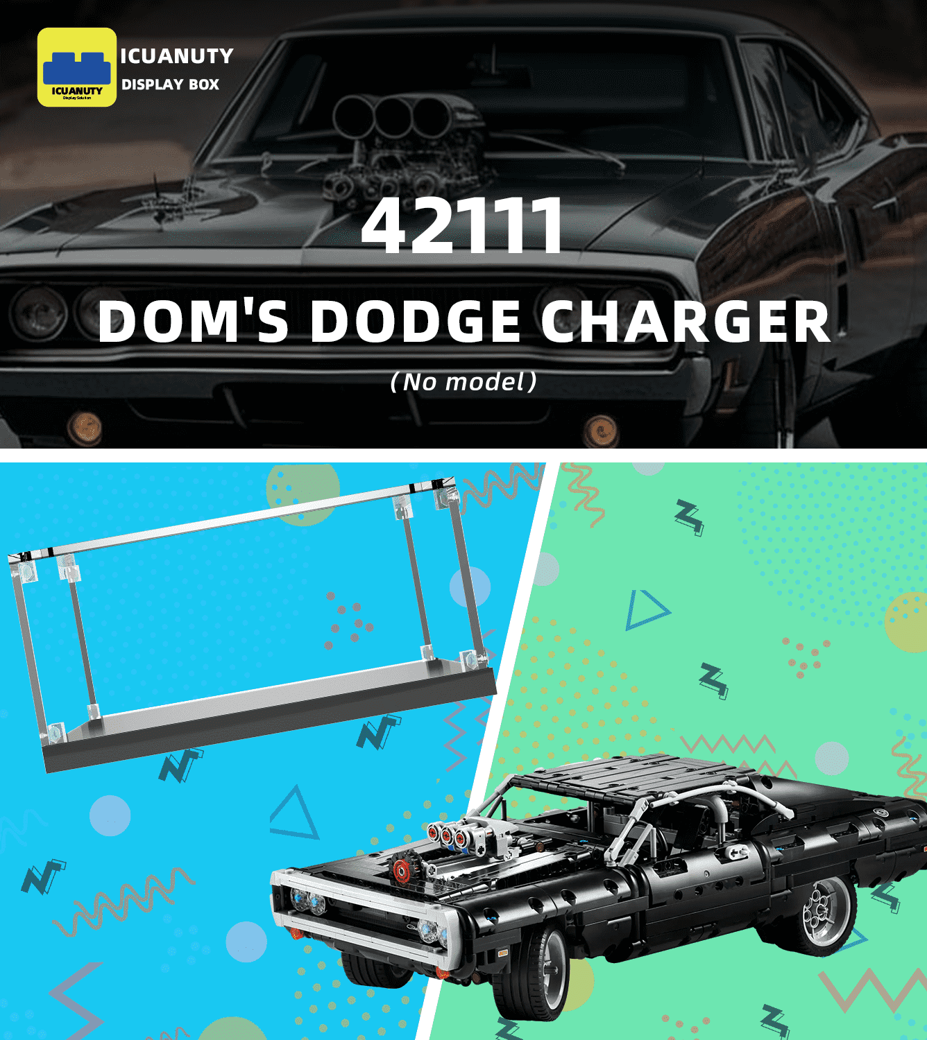LEGO Dodge Charger Race Car 42111 Display Case - Clear Acrylic Showcase for Collectible Model Cars | Perfect for Home Decoration, Office Display & Gift Giving