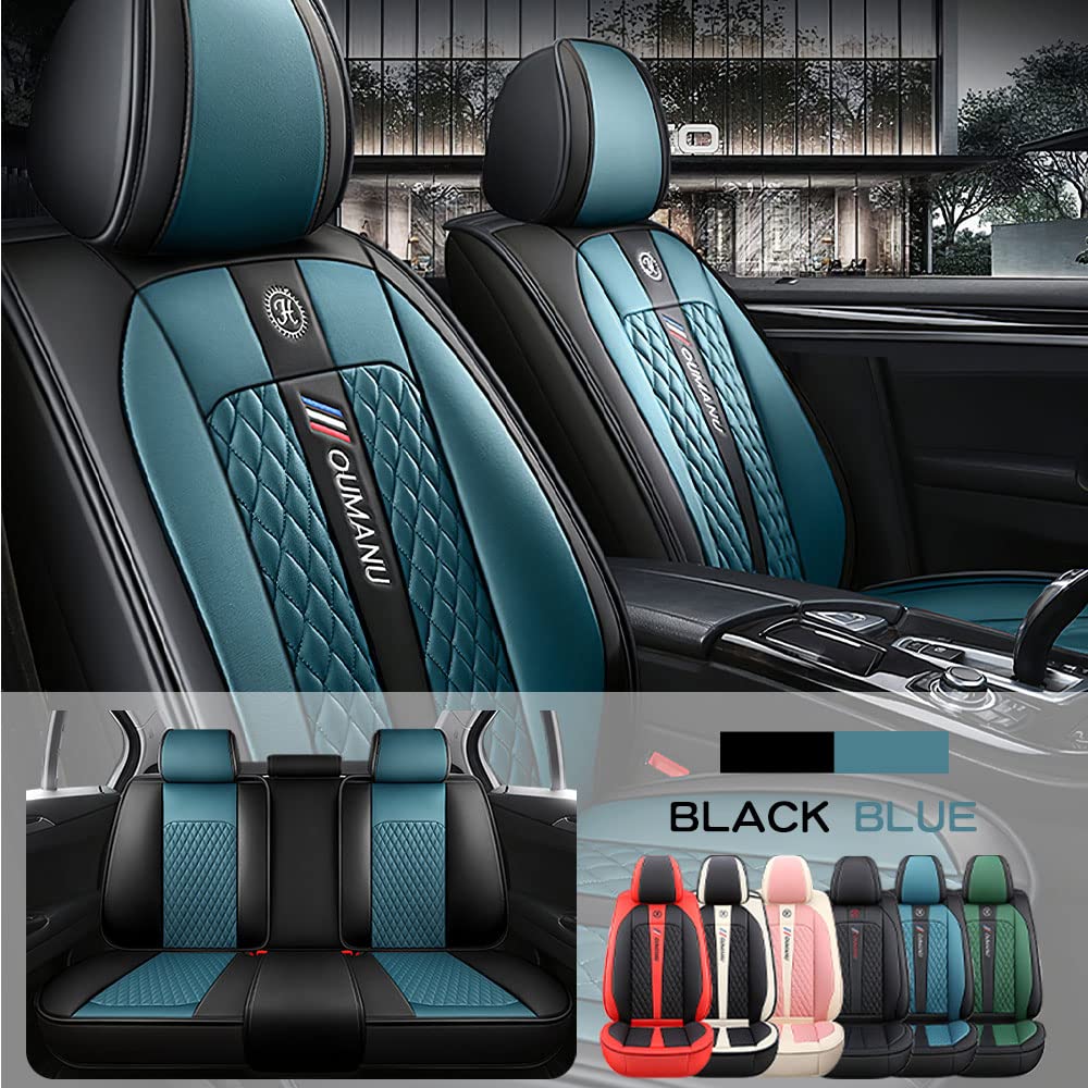 Hyundai Santa Fe Car Seat Covers 2007-2022 - Waterproof Faux Leather Front & Rear Seat Protectors - 5-Seat Full Set Accessories (Black/Blue) - Perfect for Road Trips, Daily Commutes & Pet Protection