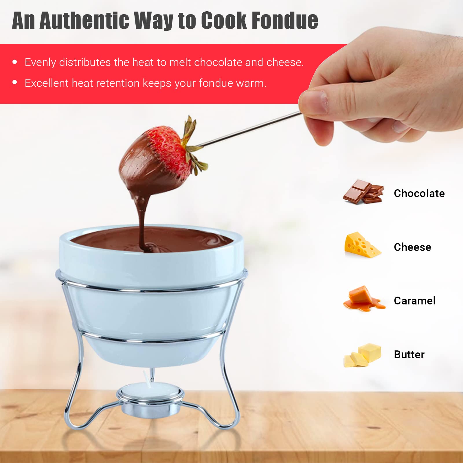 Premium Chocolate Fondue Pot Set with 4 Stainless Steel Dipping Forks & Tea Light Candle Holder - Perfect for Valentine's Day Gifts, Romantic Dinners, Parties & Family Gatherings - Ideal for Melting Chocolate, Cheese & Butter