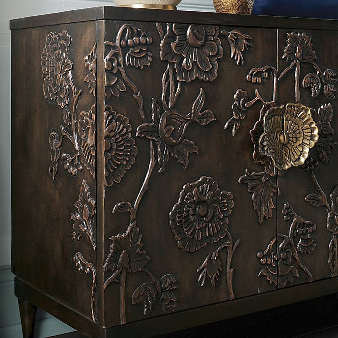 Hand Carved Brown Floral Design Miri Sideboard Buffet with Four Doors - Elegant Storage Cabinet for Dining Room, Living Room & Entryway