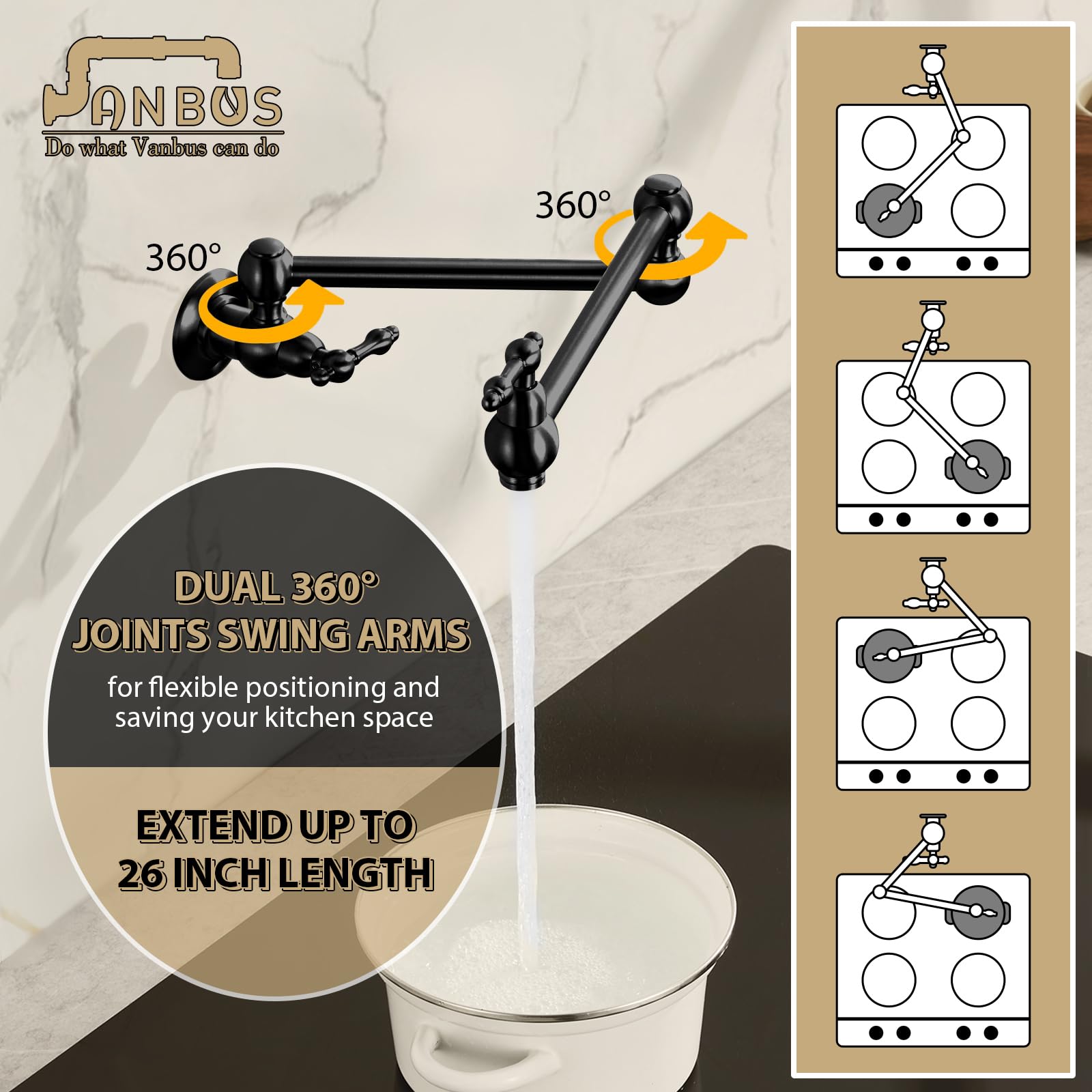 Vintage Matte Black Dual Valve Wall Mount Pot Filler Faucet with Two Handles & Adjustable Swing Arms - Perfect for Kitchen, Restaurant, and Commercial Cooking Areas