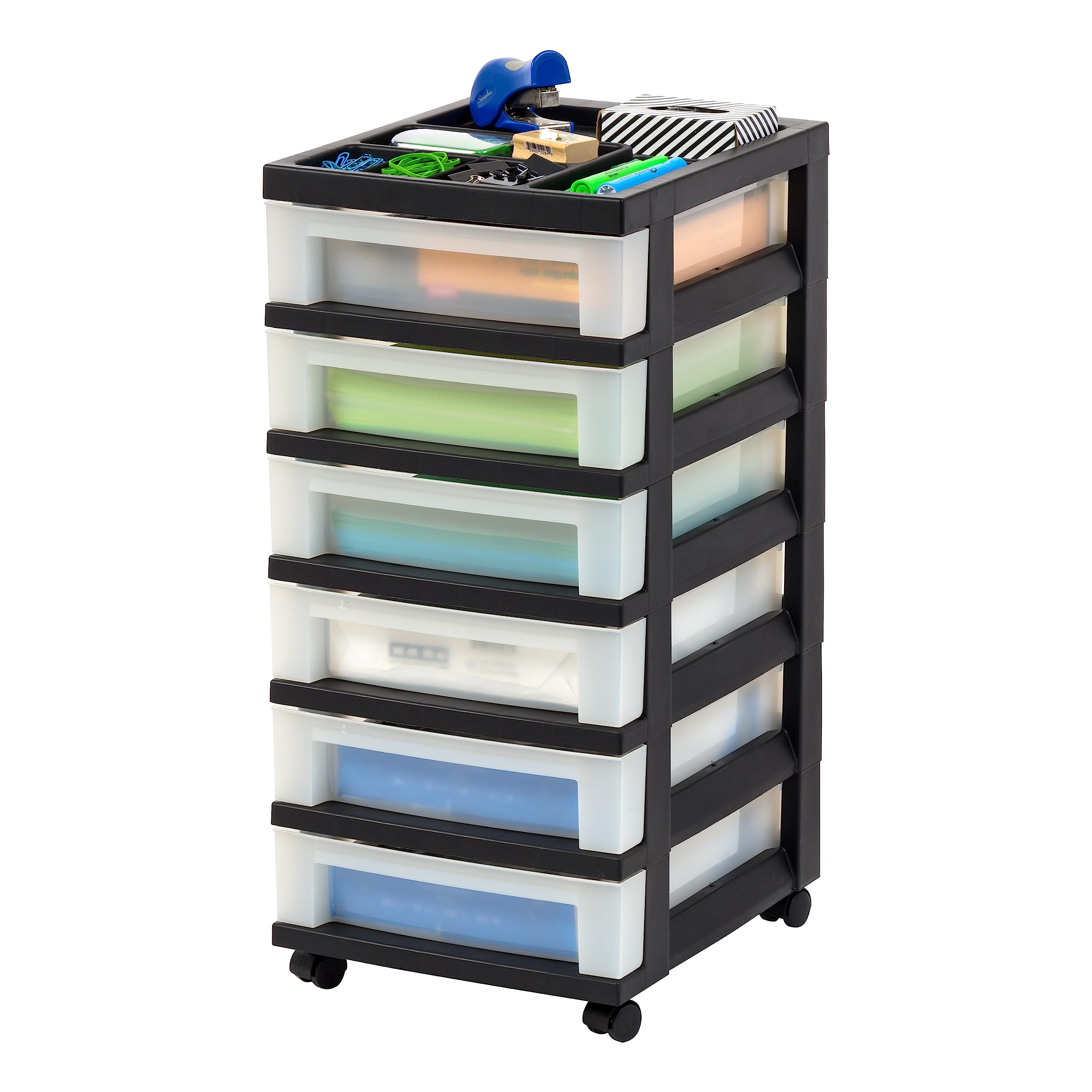IRIS USA 6-Drawer Rolling Storage Cart with Wheels - Plastic Organizer for Classroom, Craft Supplies, Bedroom, Bathroom & Laundry Room - Black & Pearl - Perfect for Home Organization, Dorm Rooms & Office Storage