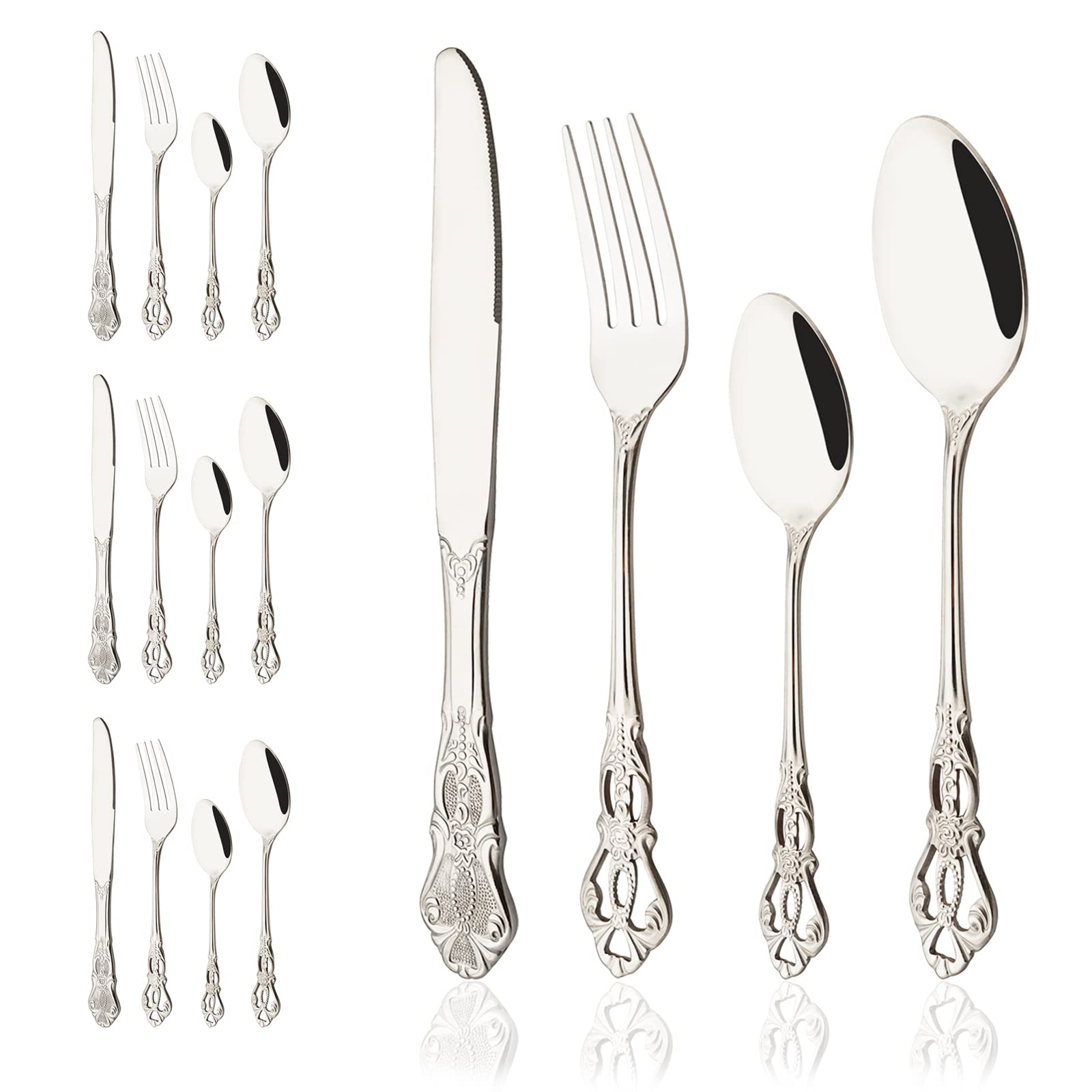 Premium 16-Piece Stainless Steel Flatware Set - Elegant Mirror Polished Silverware for 4 People, Durable Cutlery Set with Knives/Spoons/Forks for Home, Kitchen & Restaurant Use - Perfect for Dinner Parties, Weddings & Fine Dining