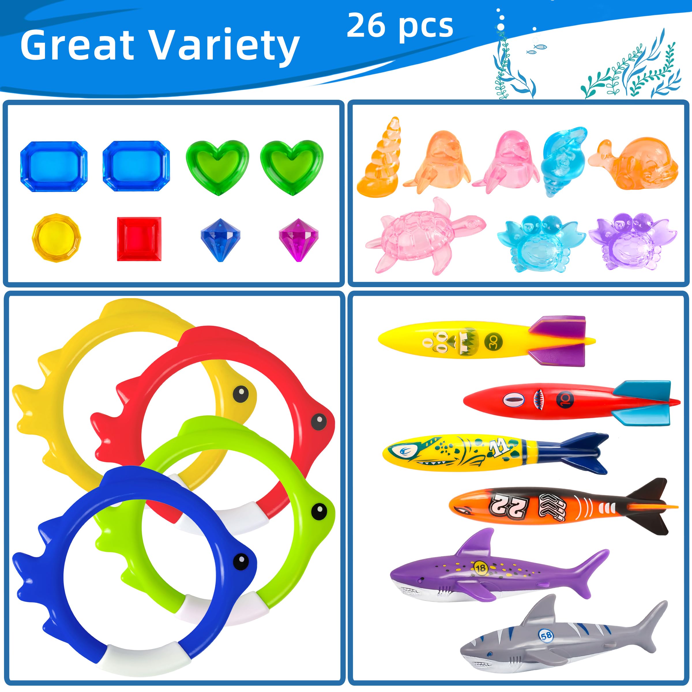 26 Pcs Diving Pool Toys Set for Kids - Swimming Pool Games with Storage Bag Includes Dive Rings, Torpedo Gems & Sea Animals - Perfect for Summer Swim Fun, Pool Parties & Water Play Activities