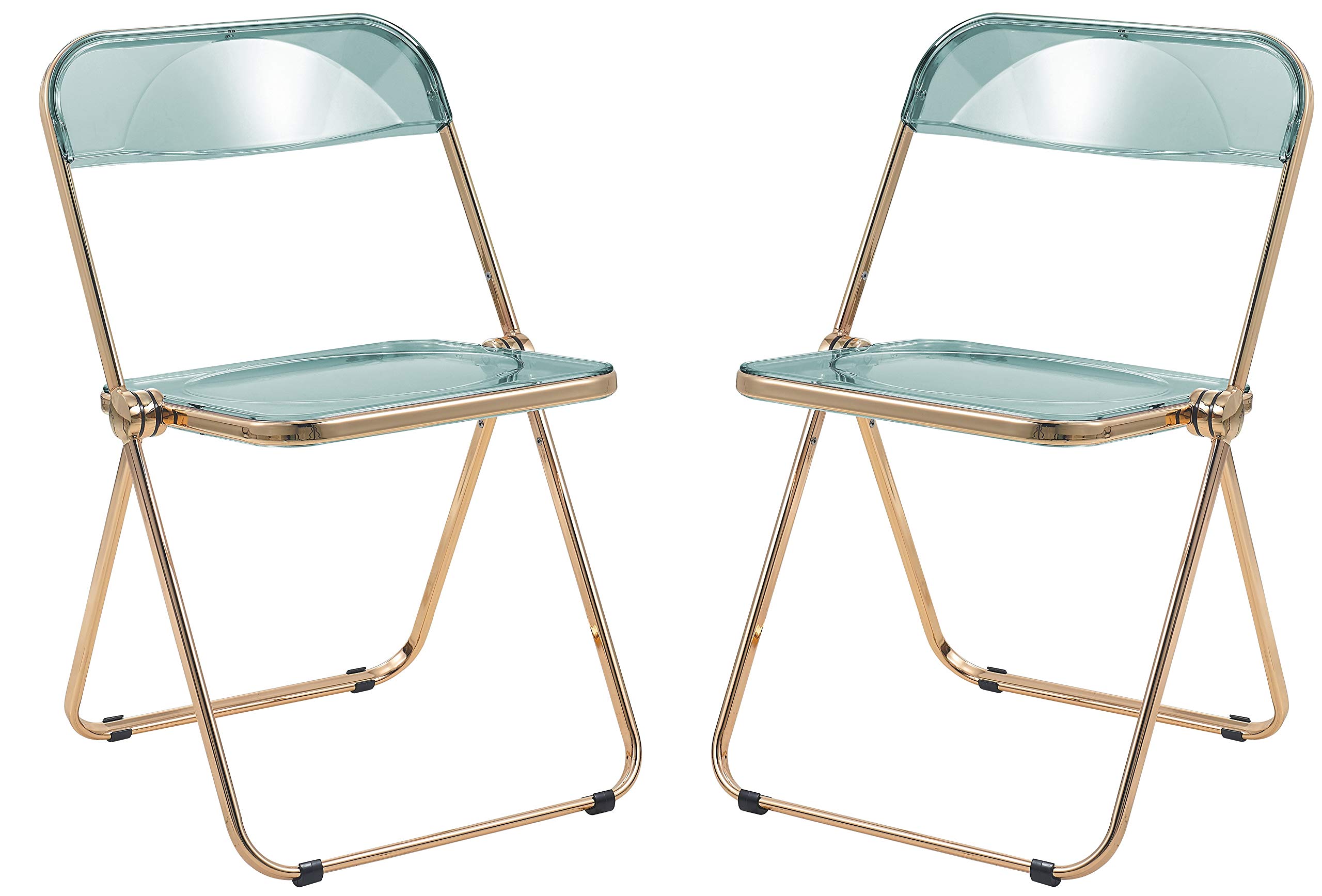 LeisureMod Lawrence Modern Transparent Acrylic Folding Chair with Gold Metal Frame - Set of 2 Jade Green Patio Chairs for Indoor Outdoor Use, Garden, Poolside, and Dining Room Decor