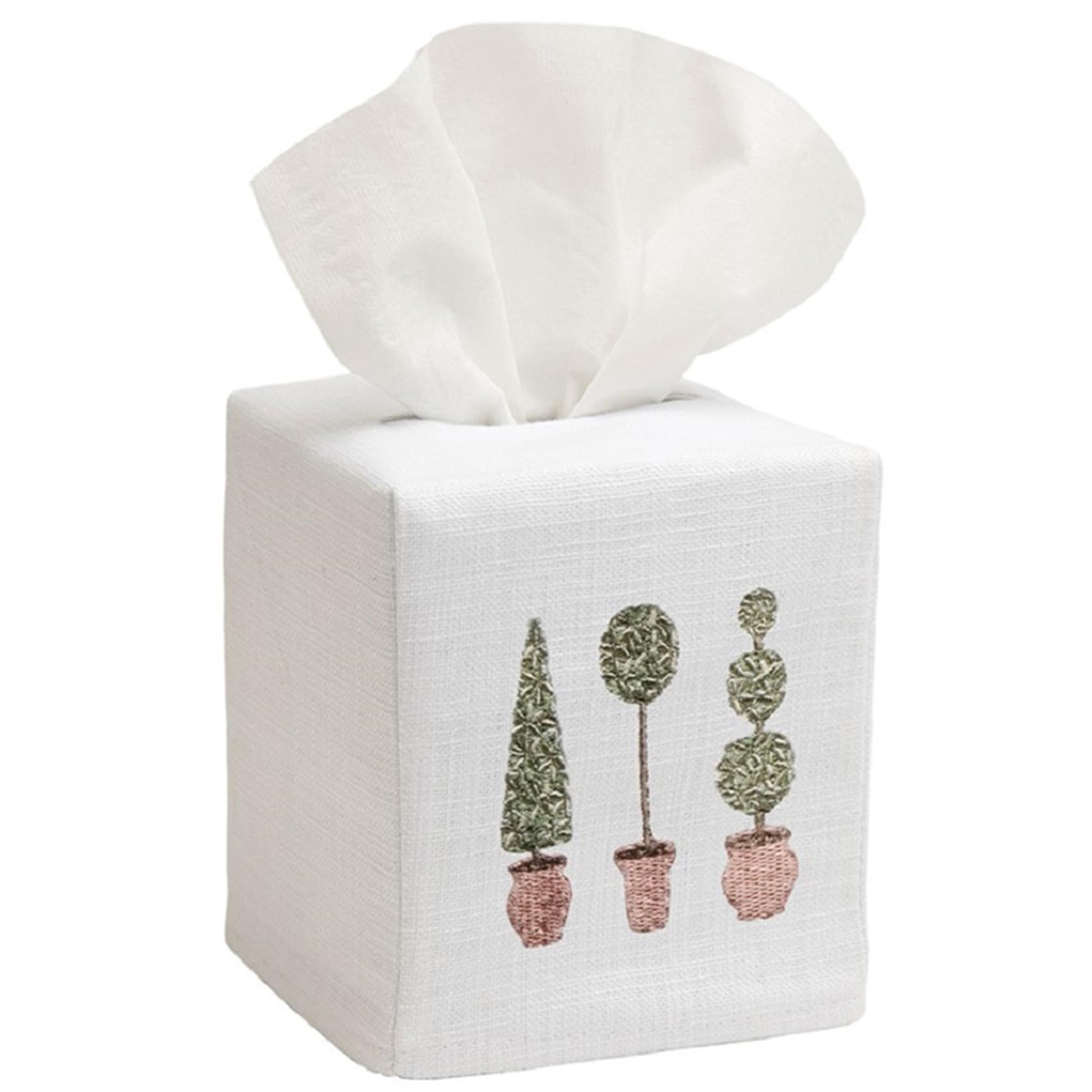 Jacaranda Living Square Tissue Box Cover - Linen Cotton Fabric Tissue Holder with Botanical Three Topiary Trees Design (Olive) - Decorative Cloth Tissue Cube Cover for Living Room, Bedroom & Office Decor