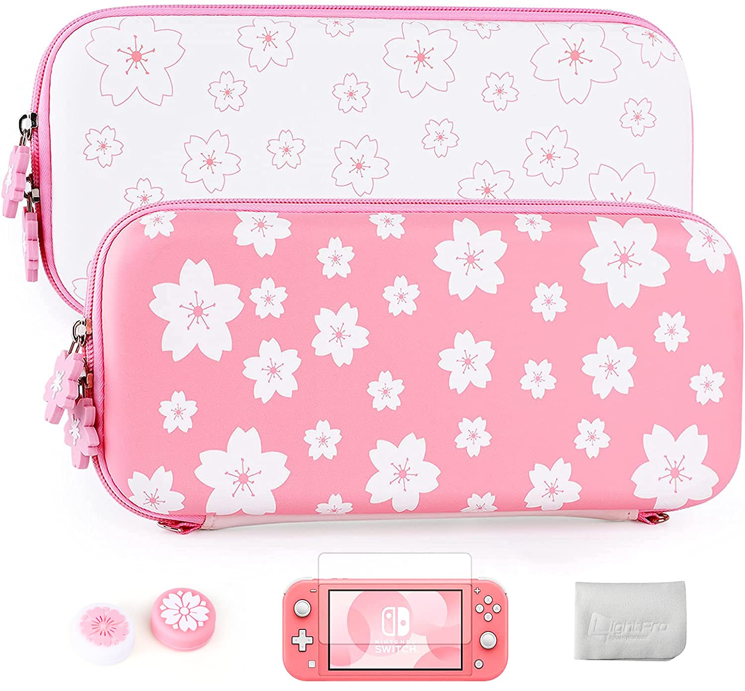LightPro Girl Nintendo Switch Lite Carrying Case - Cute Pink Sakura Flower Design with Thumb Grips, Tempered Glass Screen Protector & Removable Wrist/Shoulder Strap (Pink/White) - Perfect for Travel, Commuting & Gaming On-The-Go