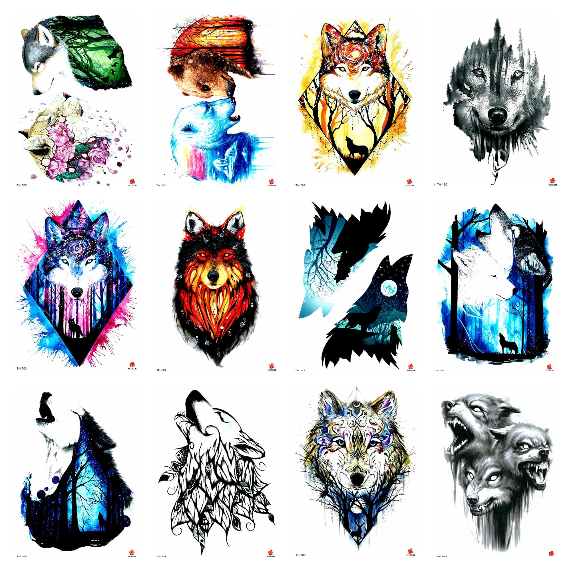 10 Sheets Wolf Animal Temporary Tattoos - Large 8.25