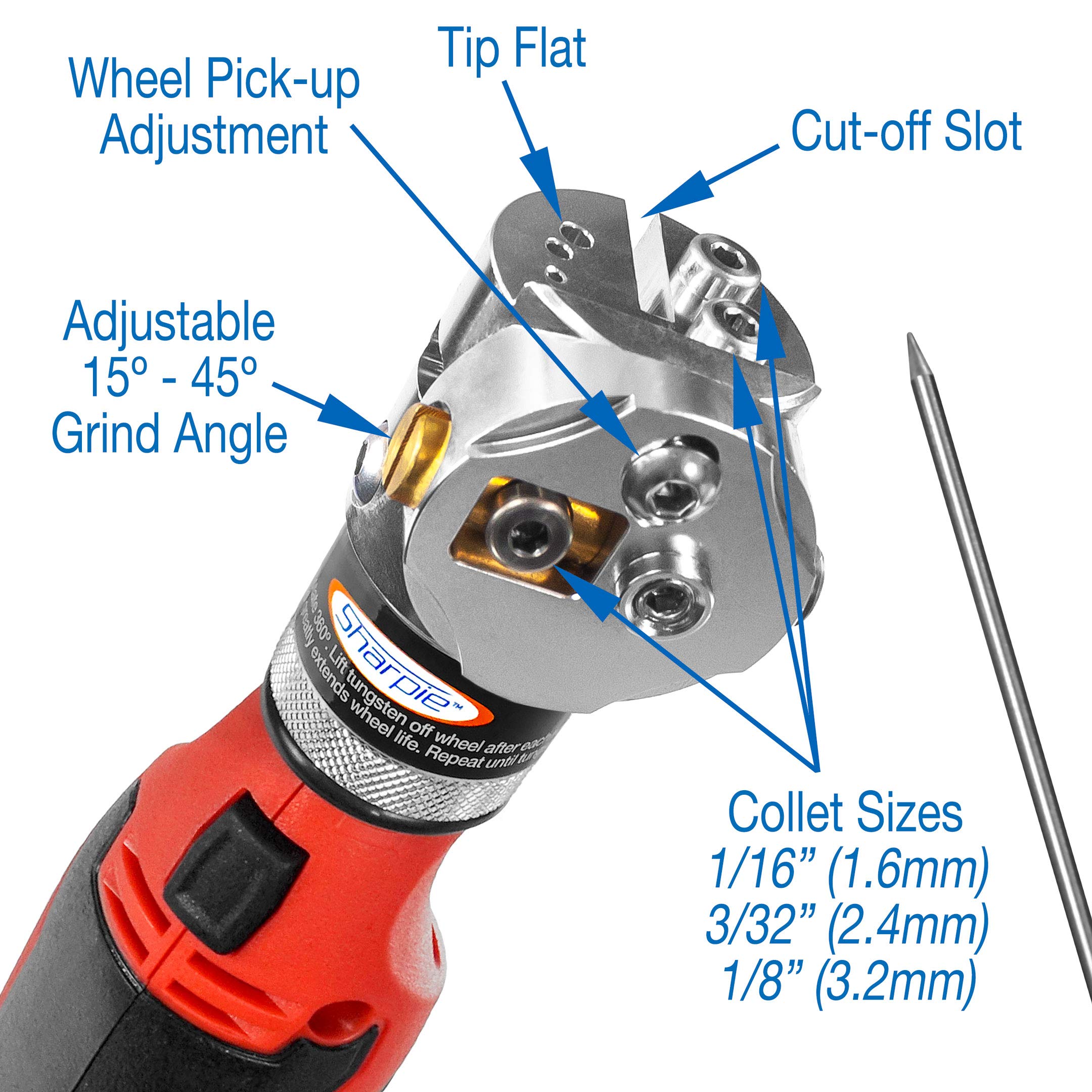 Sharpie DXCL Cordless Tungsten Sharpener Grinder - Adjustable 15°-45° Angle, Diamond Ground Tapers (Silver) for TIG Welding, Metal Fabrication & DIY Projects