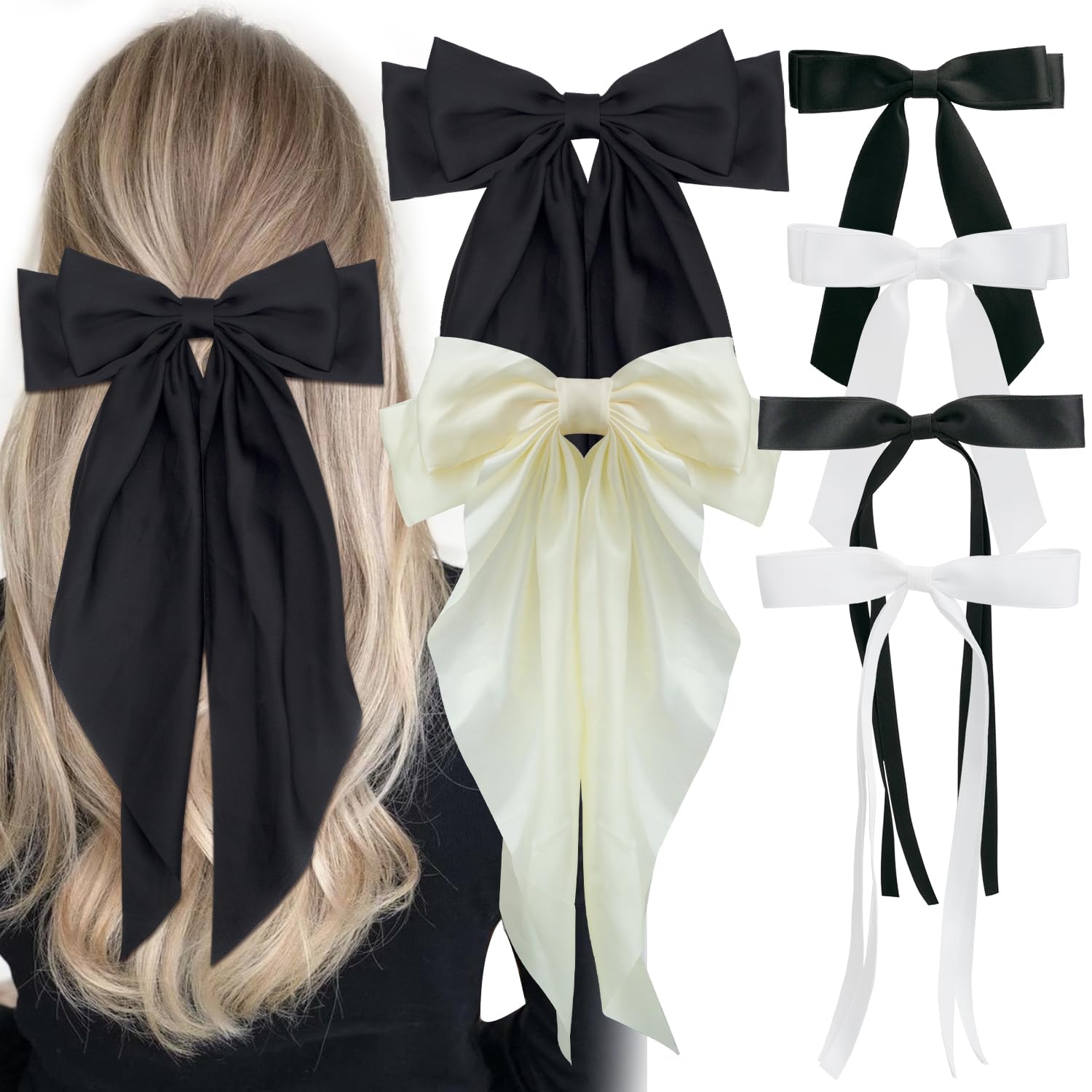 6 PCS Cute Hair Bows for Women & Girls - Tassel Ribbon Bowknot Hair Clips in Black & White - Perfect Hair Accessories for Parties, Weddings & Daily Wear