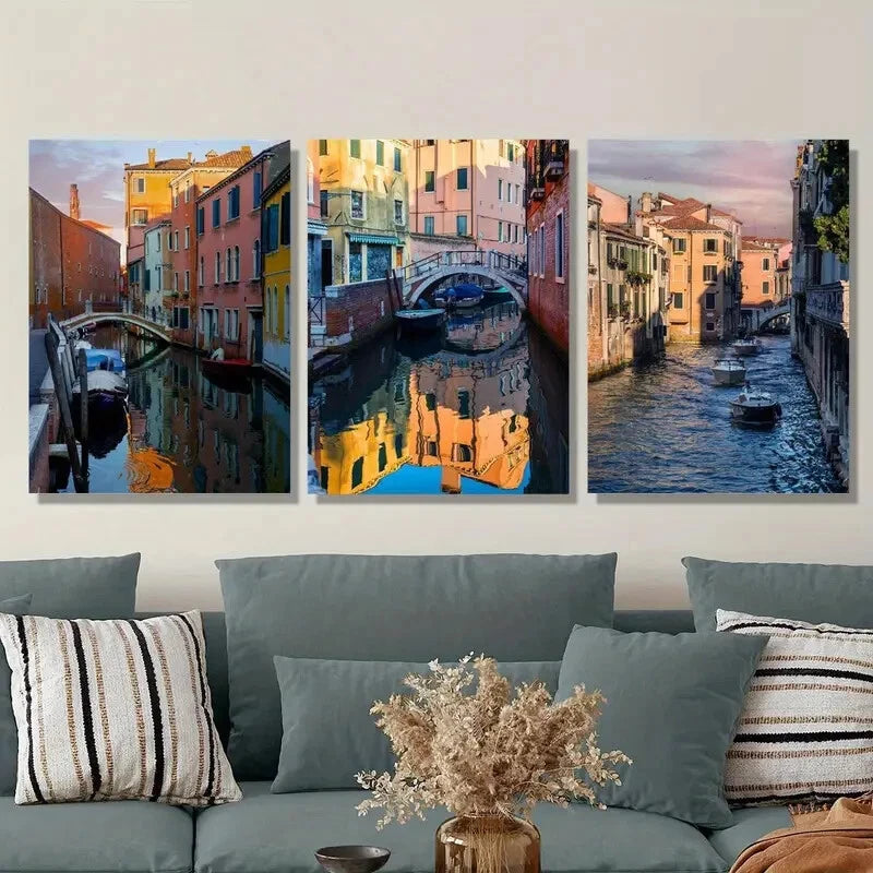 3-Piece Vibrant Italian Cityscape Metal Wall Art - Ready to Hang Canvas Prints with Boats & Buildings - Perfect for Living Room, Bedroom & Office Decor