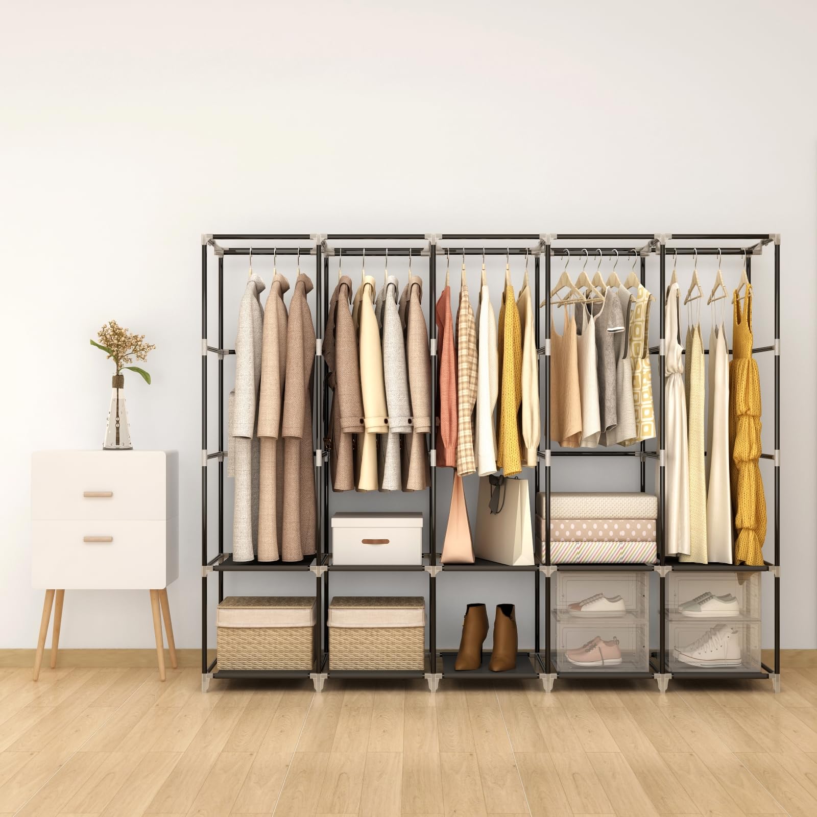 83 Inch Wide Portable Closet Wardrobe Organizer with Cover - 5 Hanging Rods & 10 Shelves for Clothes Storage | Perfect for Bedroom, Dorm, Apartment, RV or Temporary Closet Solution (Black)