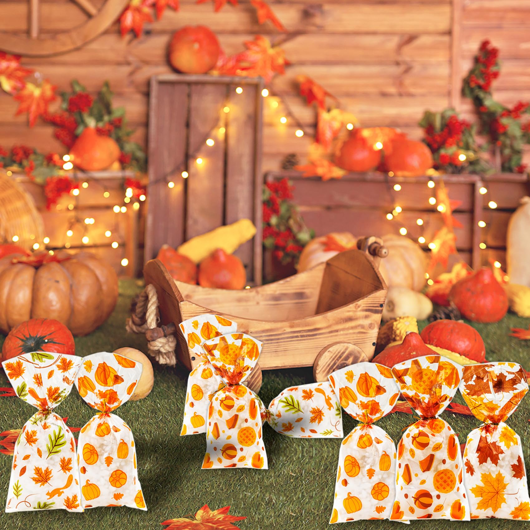 WATCPNO 120 Pack Autumn Thanksgiving Cellophane Treat Bags - Fall Party Favor Supplies, Candy Goodie Bags for Halloween, Thanksgiving Celebrations & Holiday Decorations | Perfect for Classroom Treats, Office Parties & Family Gatherings